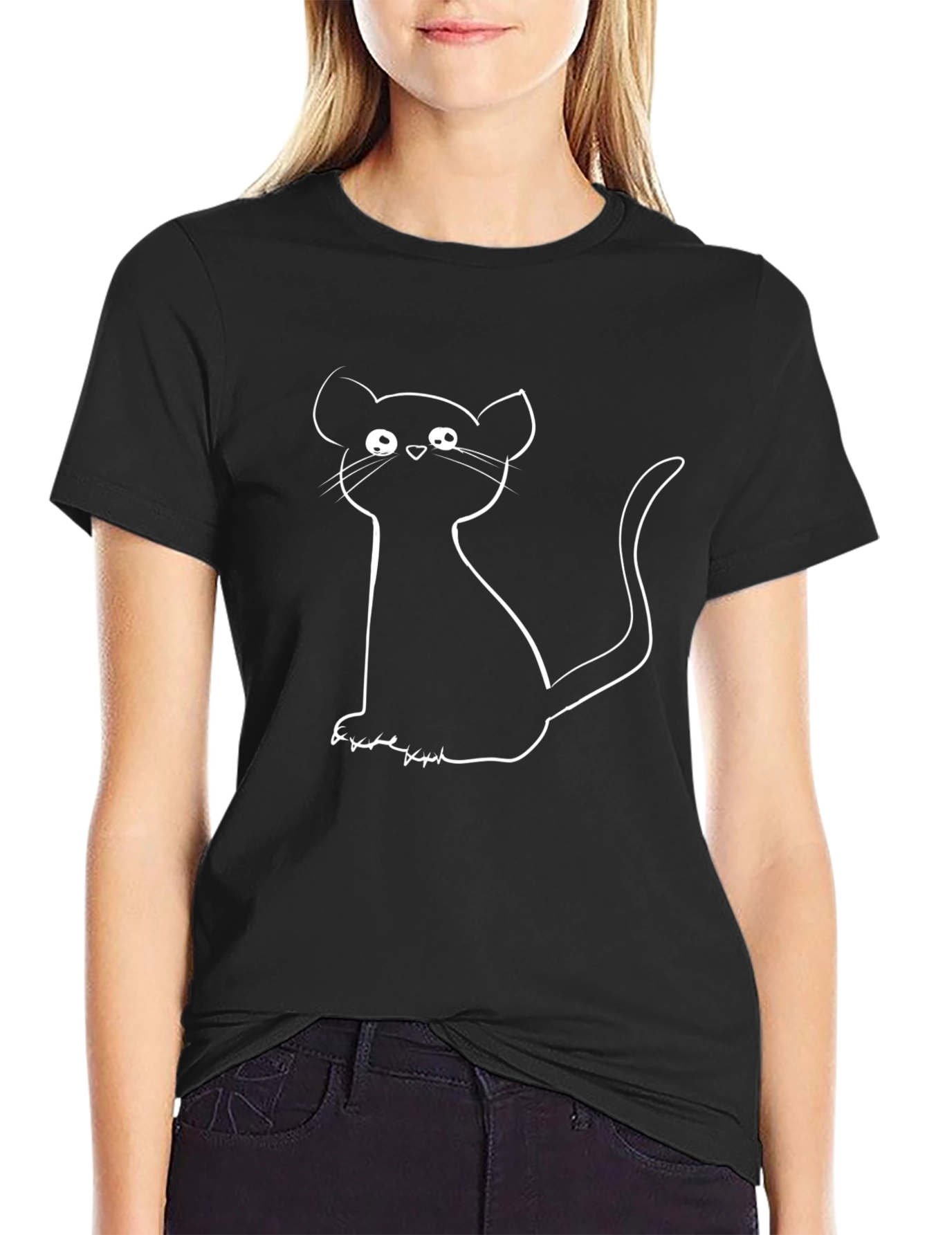 Cartoon Cat Graphic Tee - Black