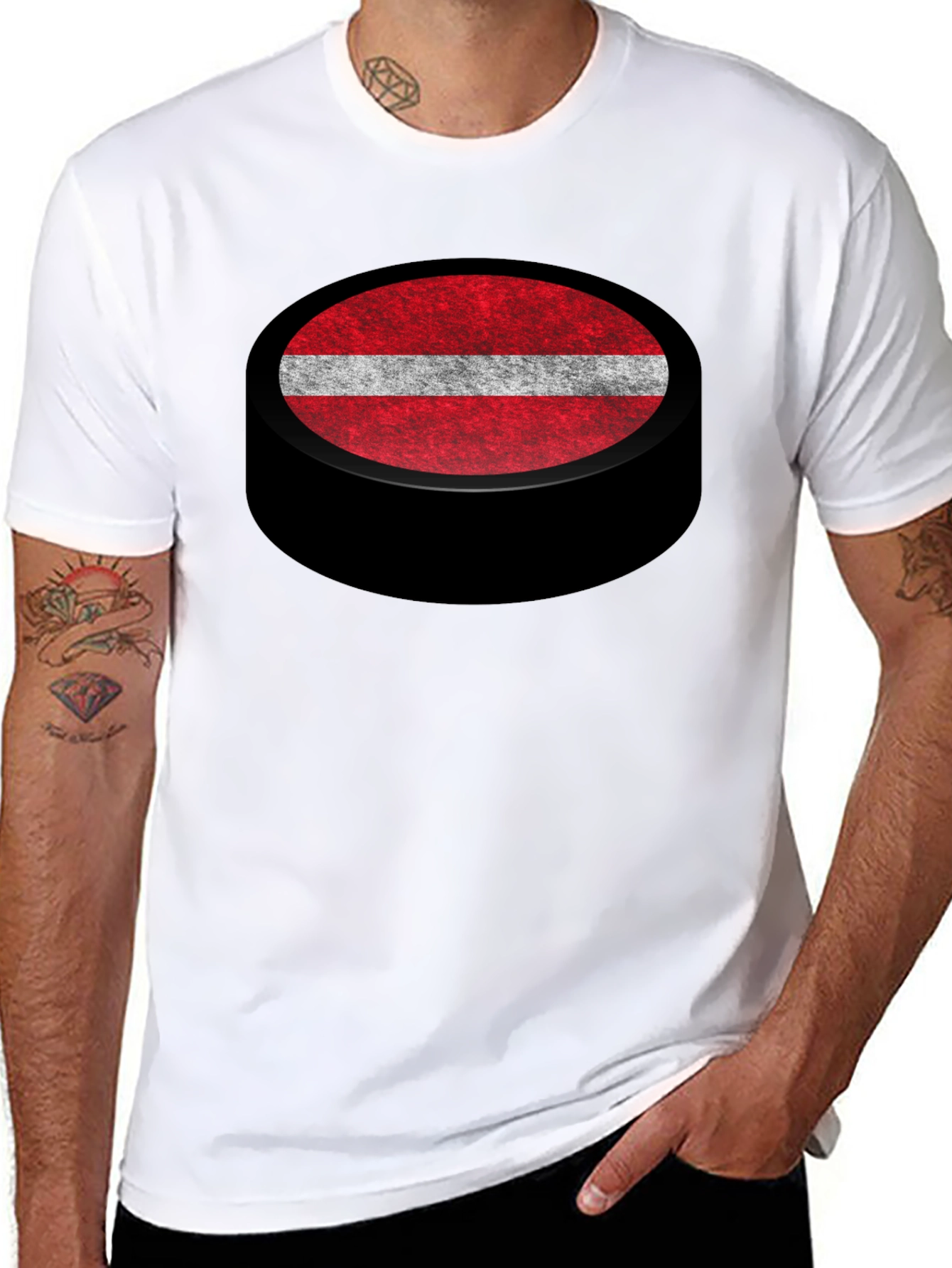 Latvia Flag Hockey Puck Graphic T-Shirt