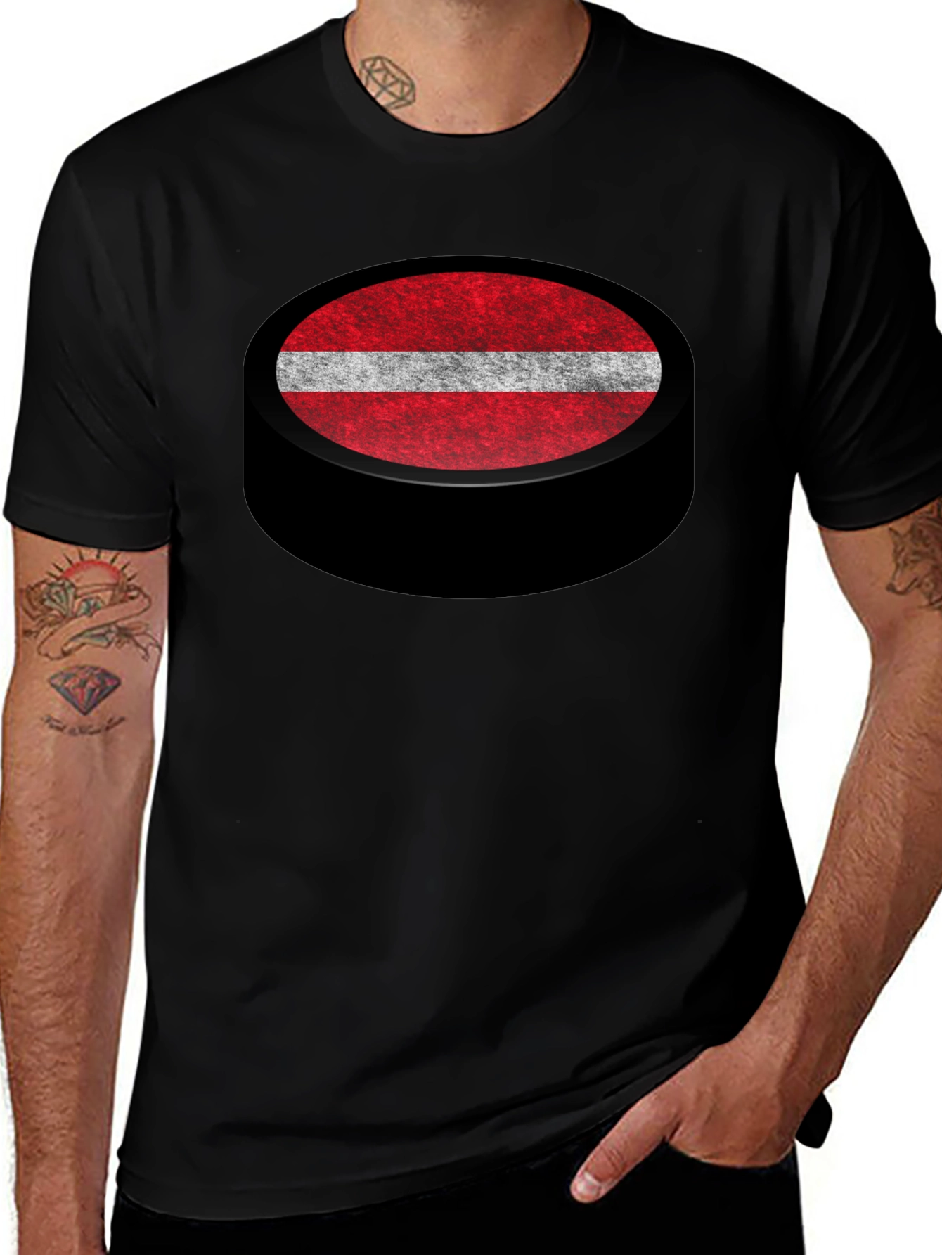 Latvia Flag Hockey Puck Graphic T-Shirt