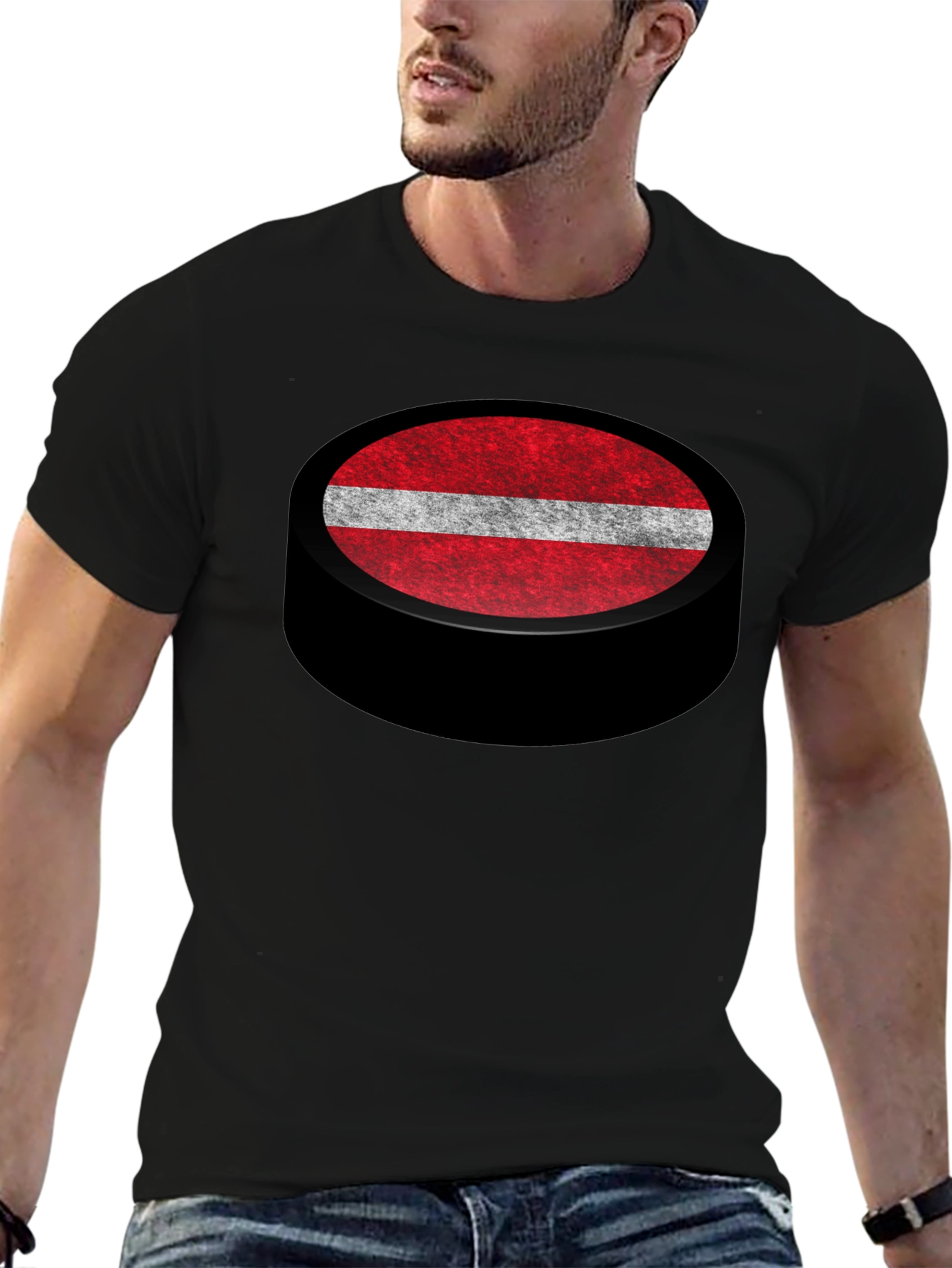 Latvia Flag Hockey Puck Graphic T-Shirt