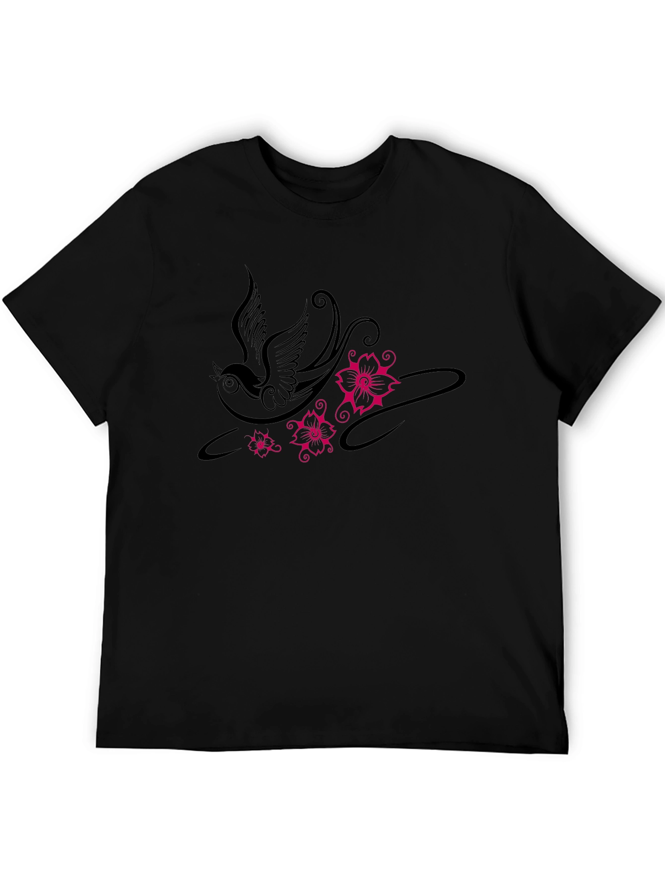 Swallow and Floral Print Black T-Shirt