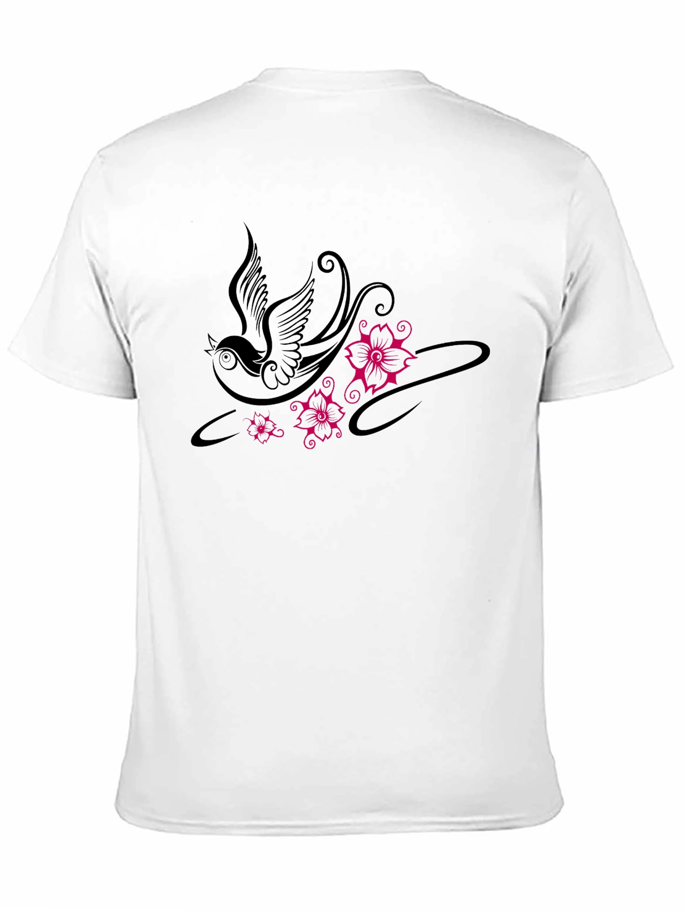Swallow and Floral Print Black T-Shirt