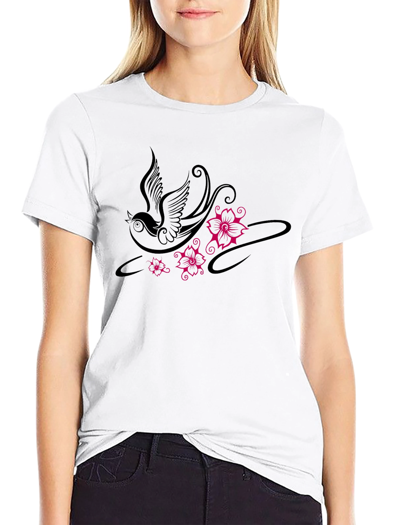 Swallow and Floral Print Black T-Shirt