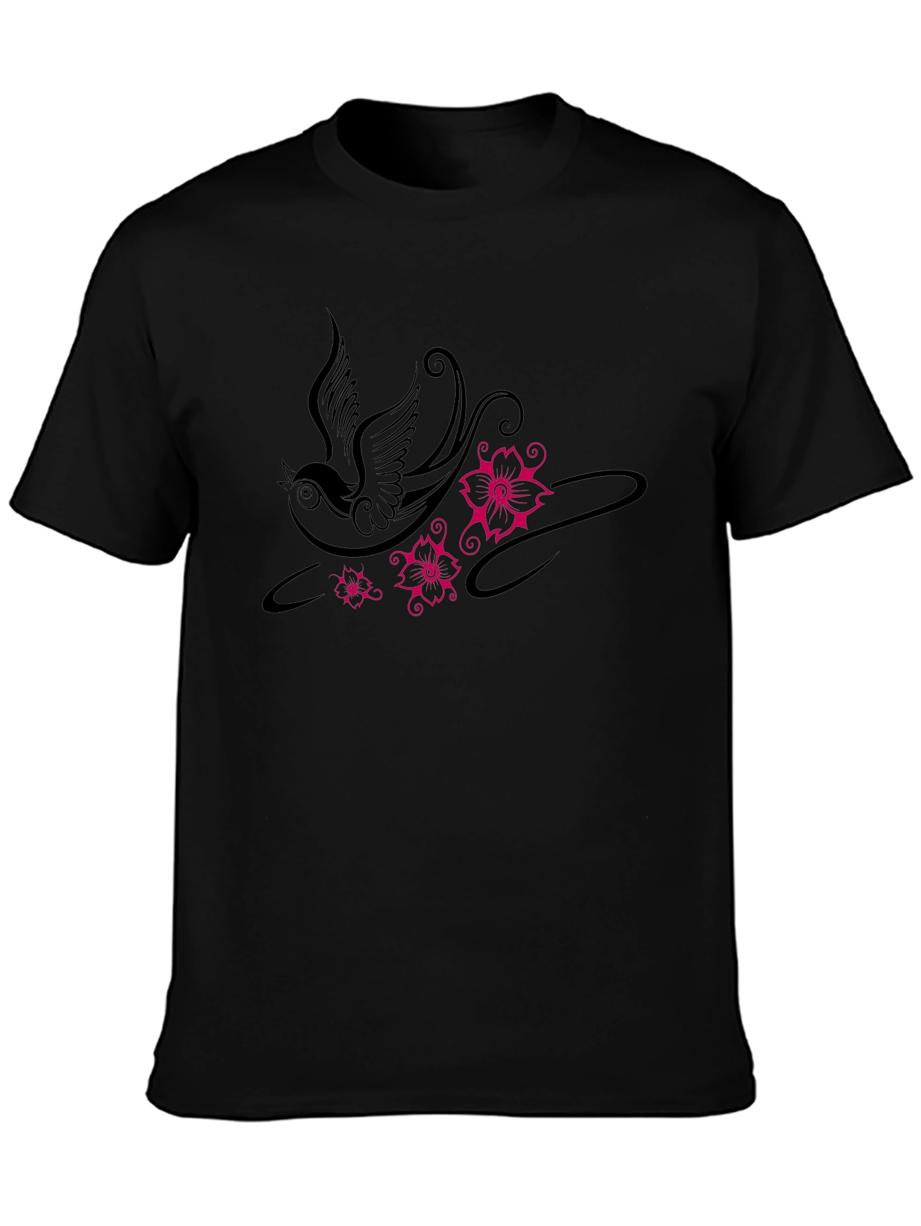 Swallow and Floral Print Black T-Shirt