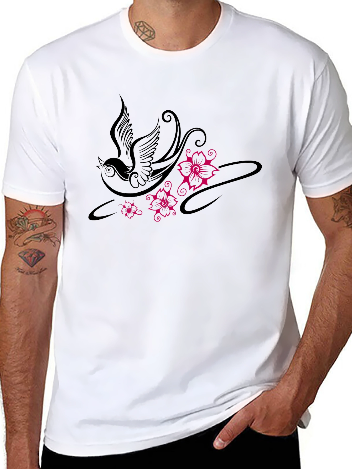 Swallow and Floral Print Black T-Shirt