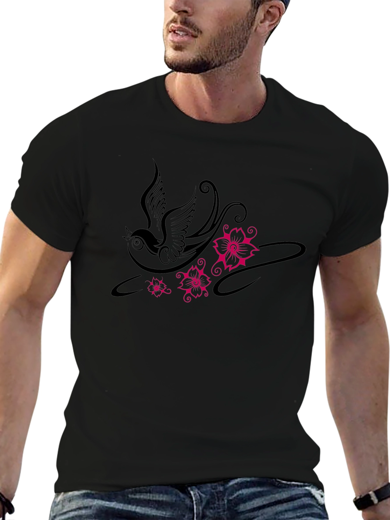 Swallow and Floral Print Black T-Shirt
