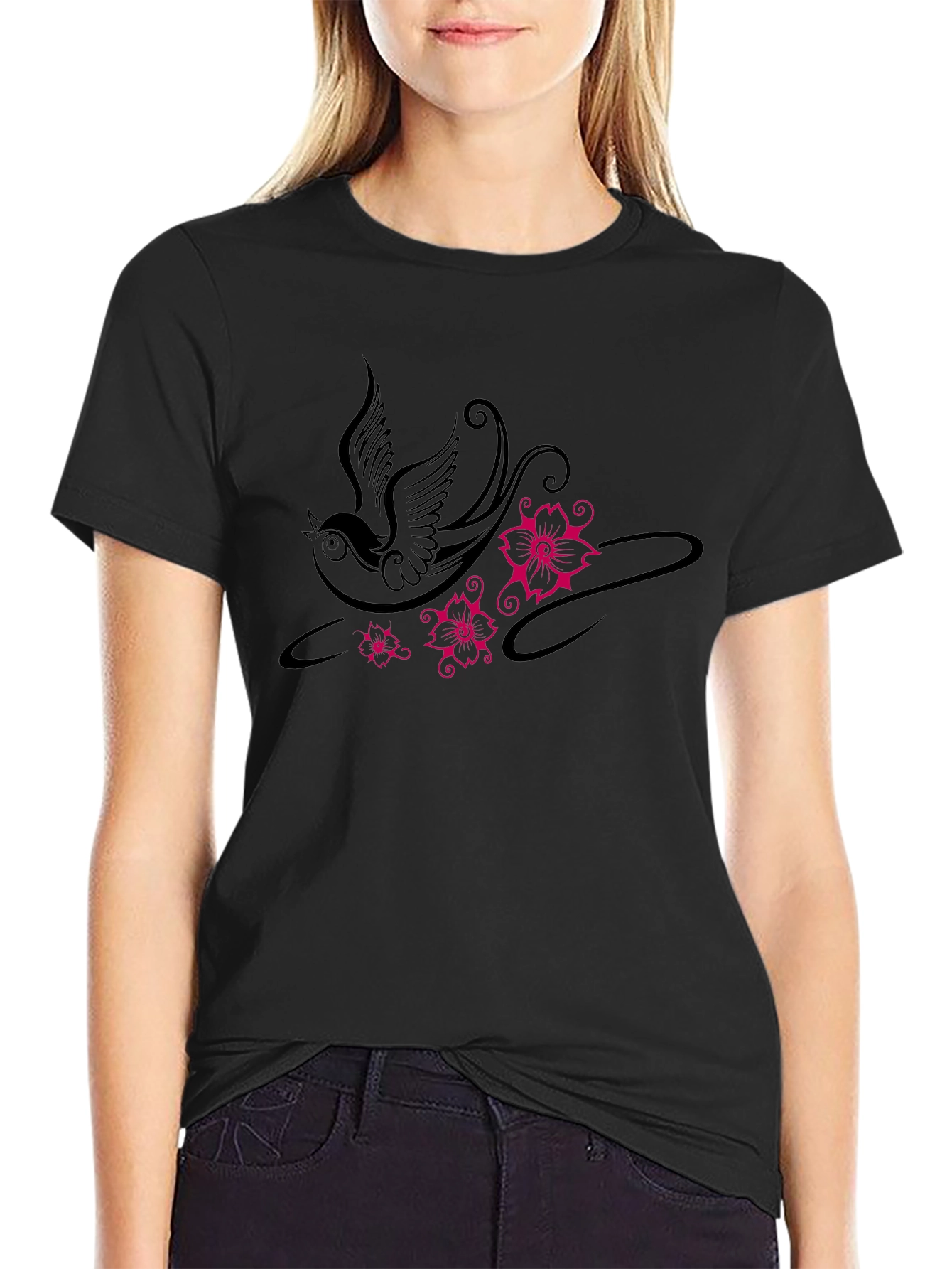 Swallow and Floral Print Black T-Shirt