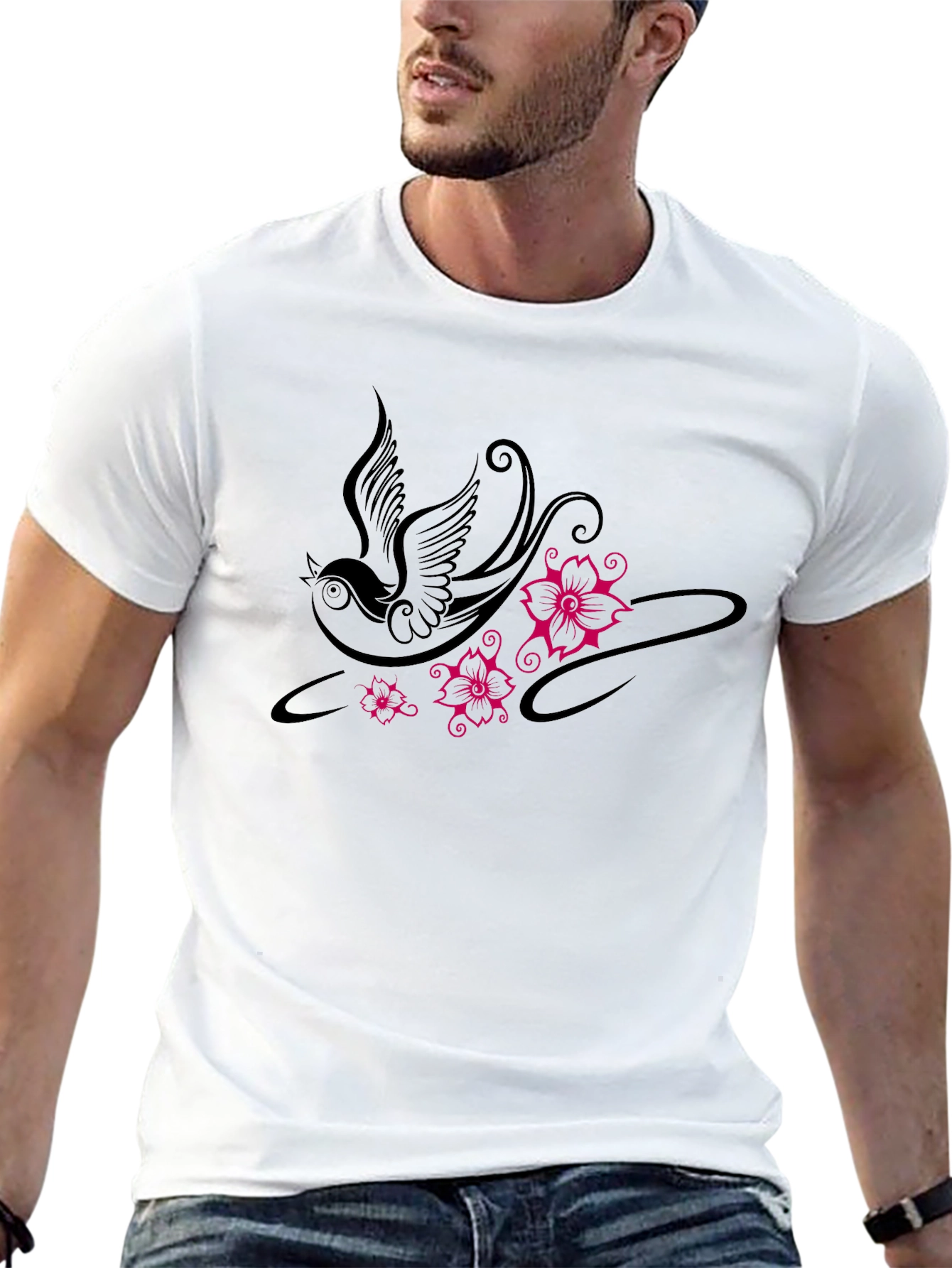 Swallow and Floral Print Black T-Shirt
