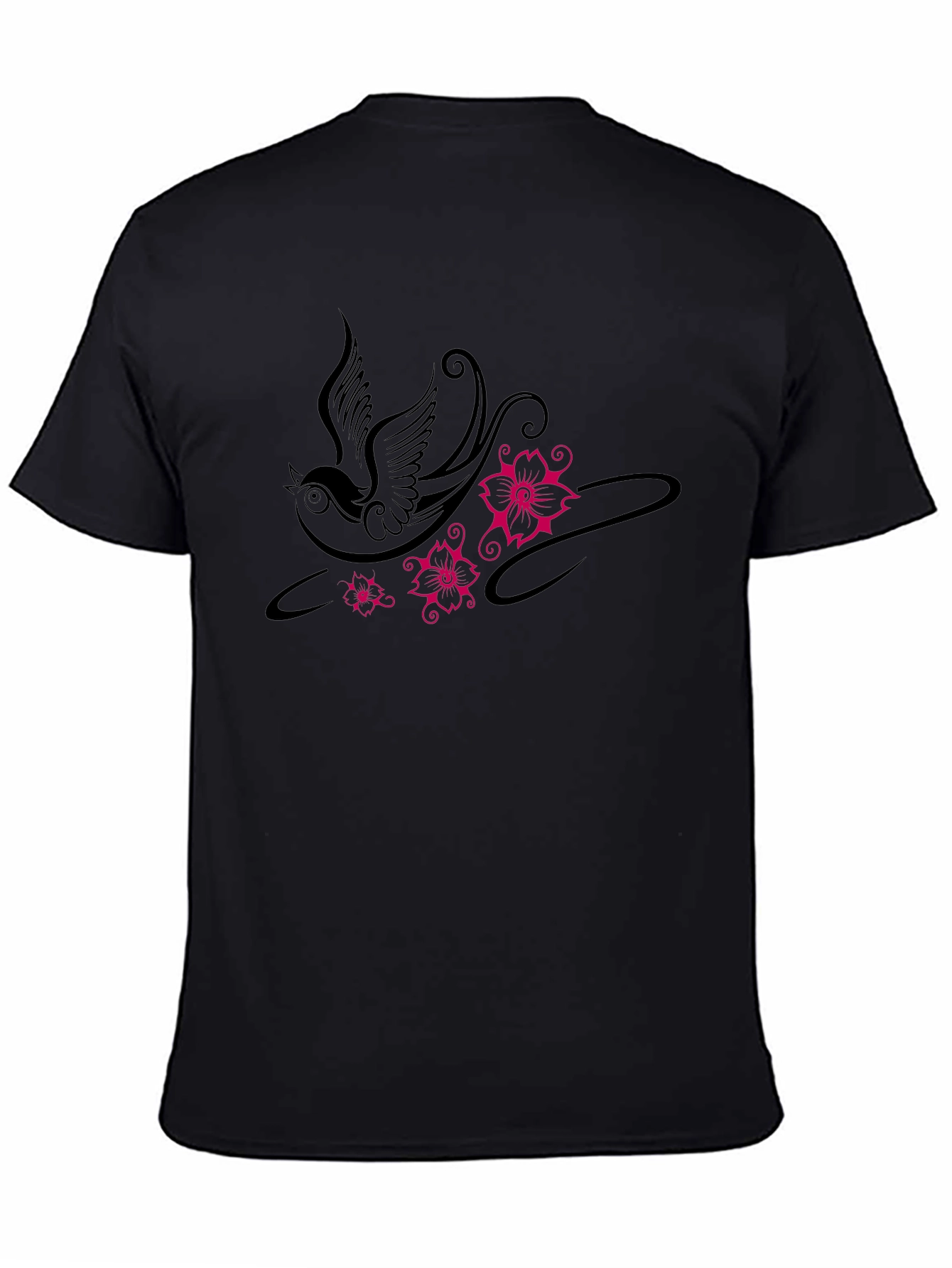Swallow and Floral Print Black T-Shirt