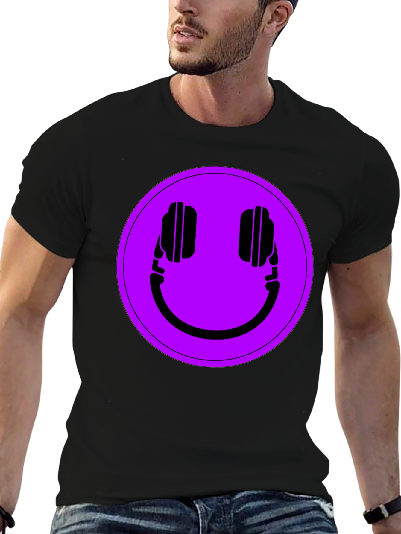 Headphone Smiley T-Shirt - Black Casual Tee