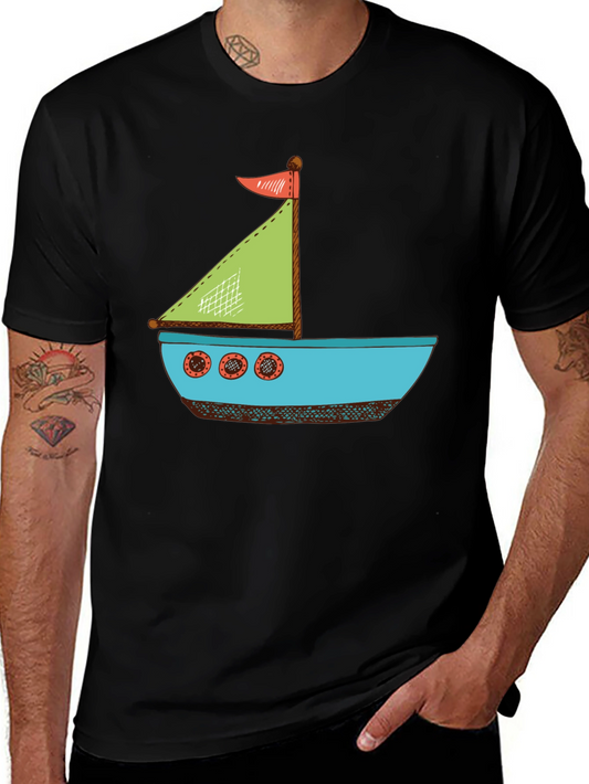 Nautical Cartoon Boat T-Shirt - Black Cotton Tee