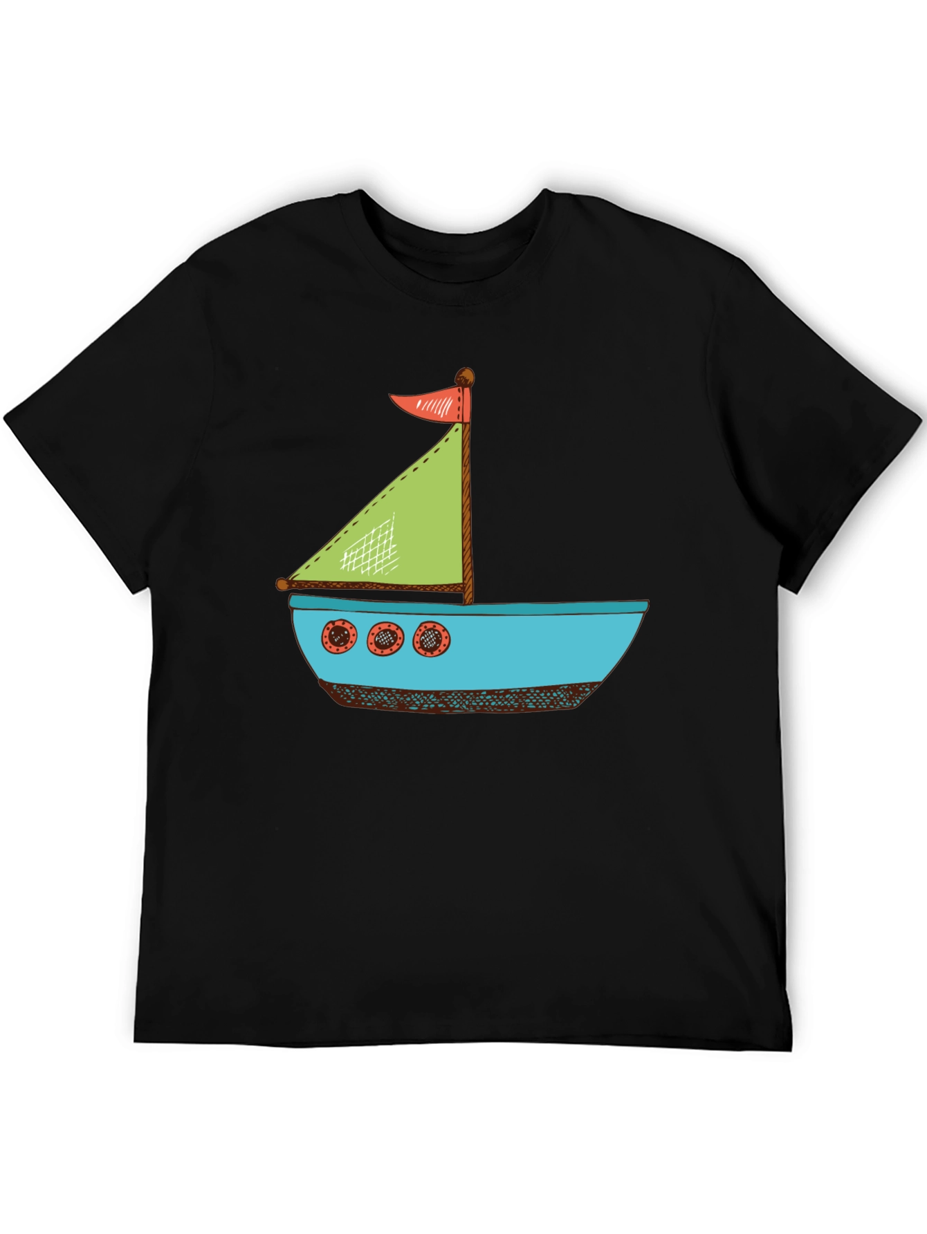 Nautical Cartoon Boat T-Shirt - Black Cotton Tee