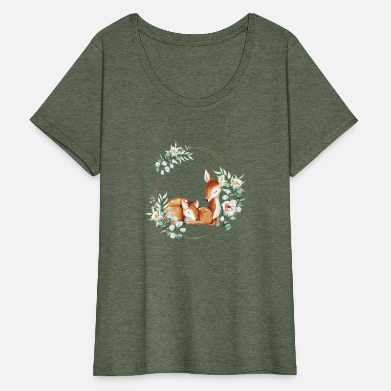 White-tailed Mommy and Baby Deer in a Floral Gold