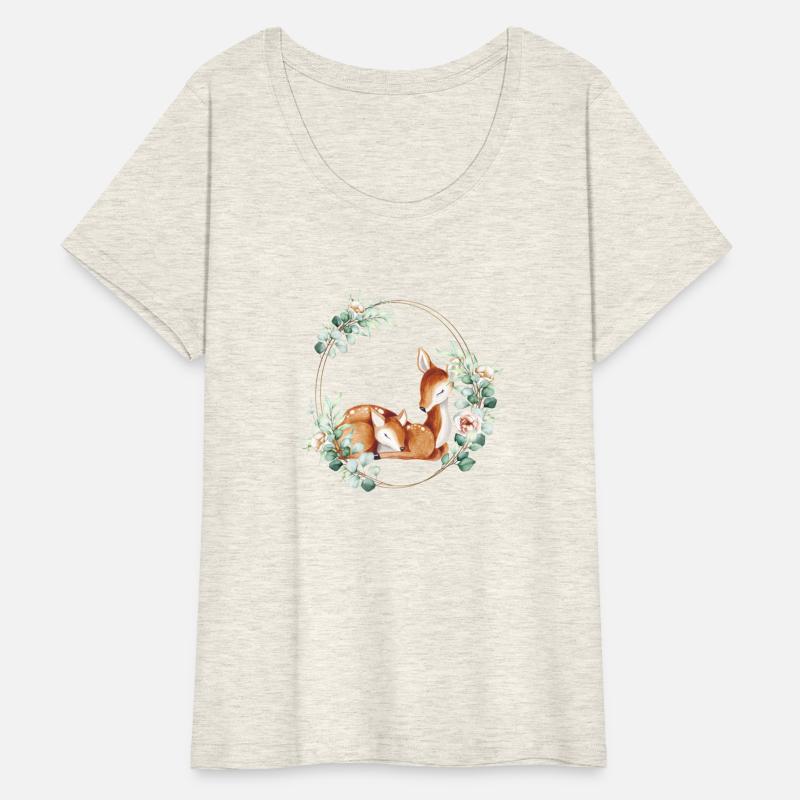 White-tailed Mommy and Baby Deer in a Floral Gold