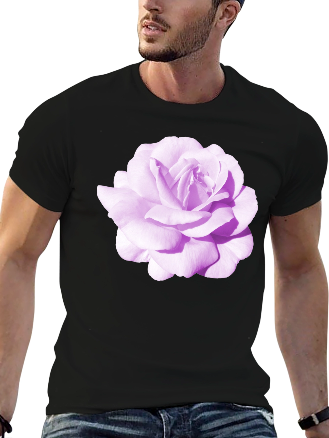 Black T-Shirt with Purple Rose Graphic