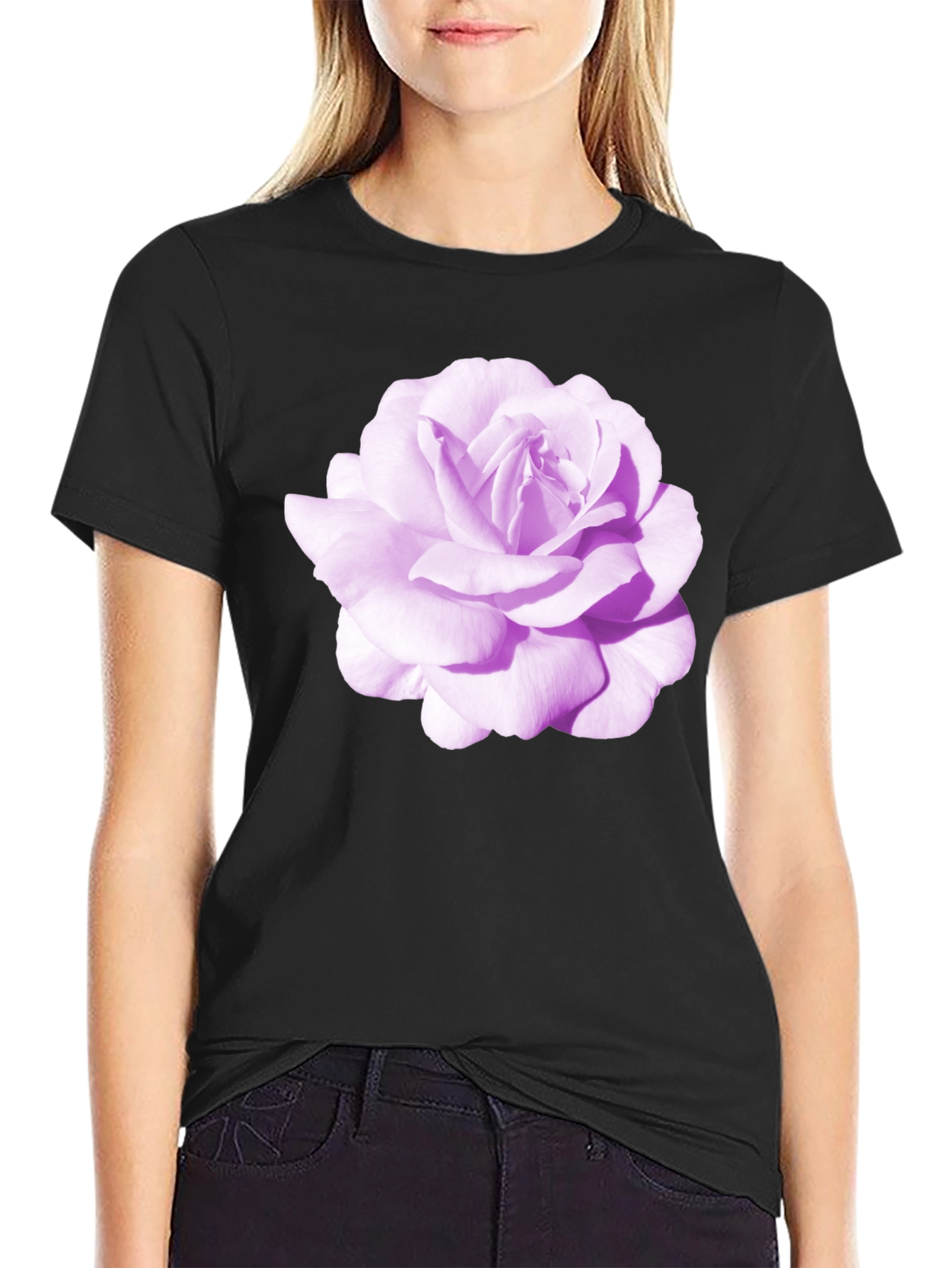 Black T-Shirt with Purple Rose Graphic