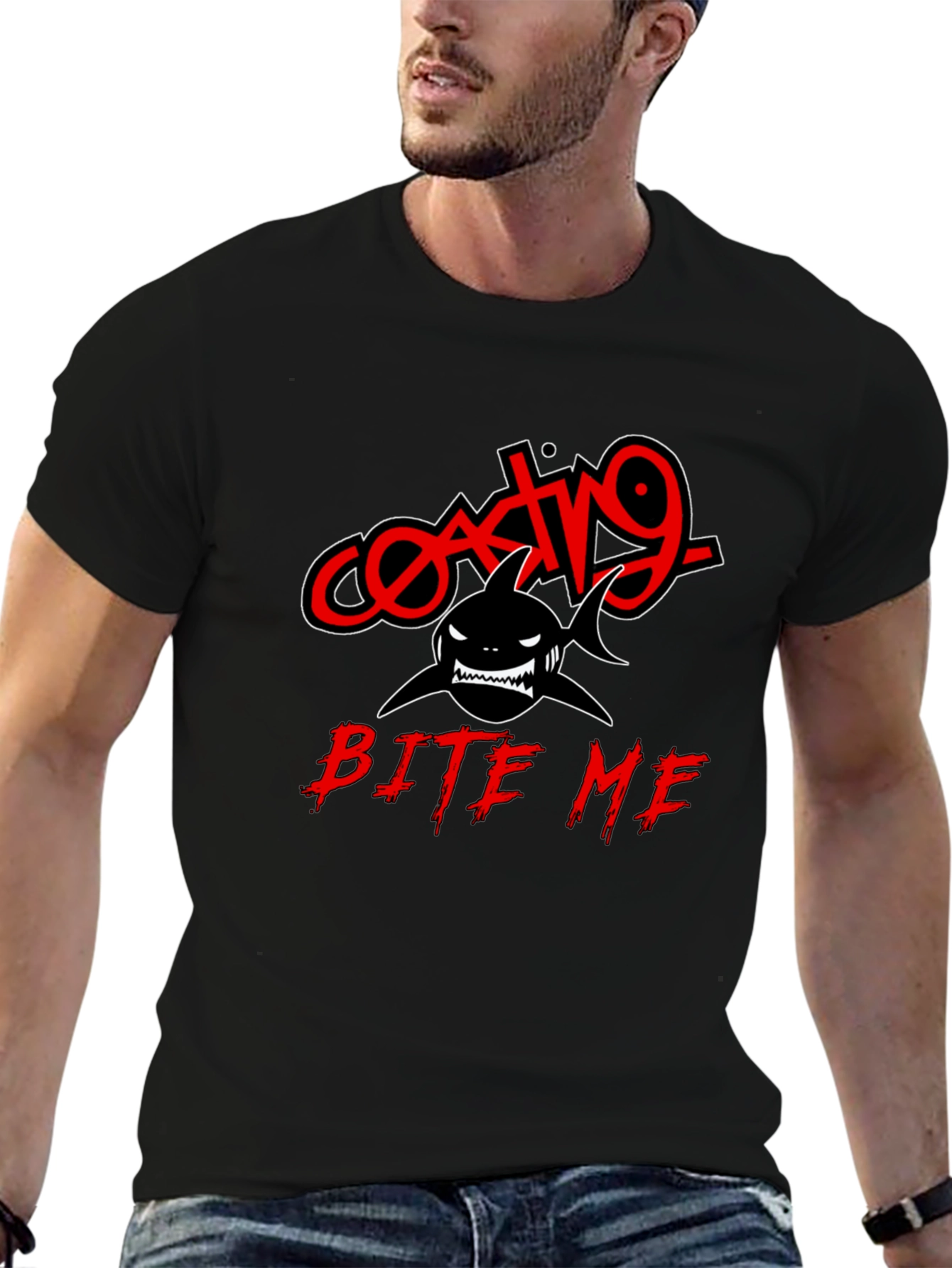 Coating9 Bite Me Shark T-Shirt - Black Graphic Tee