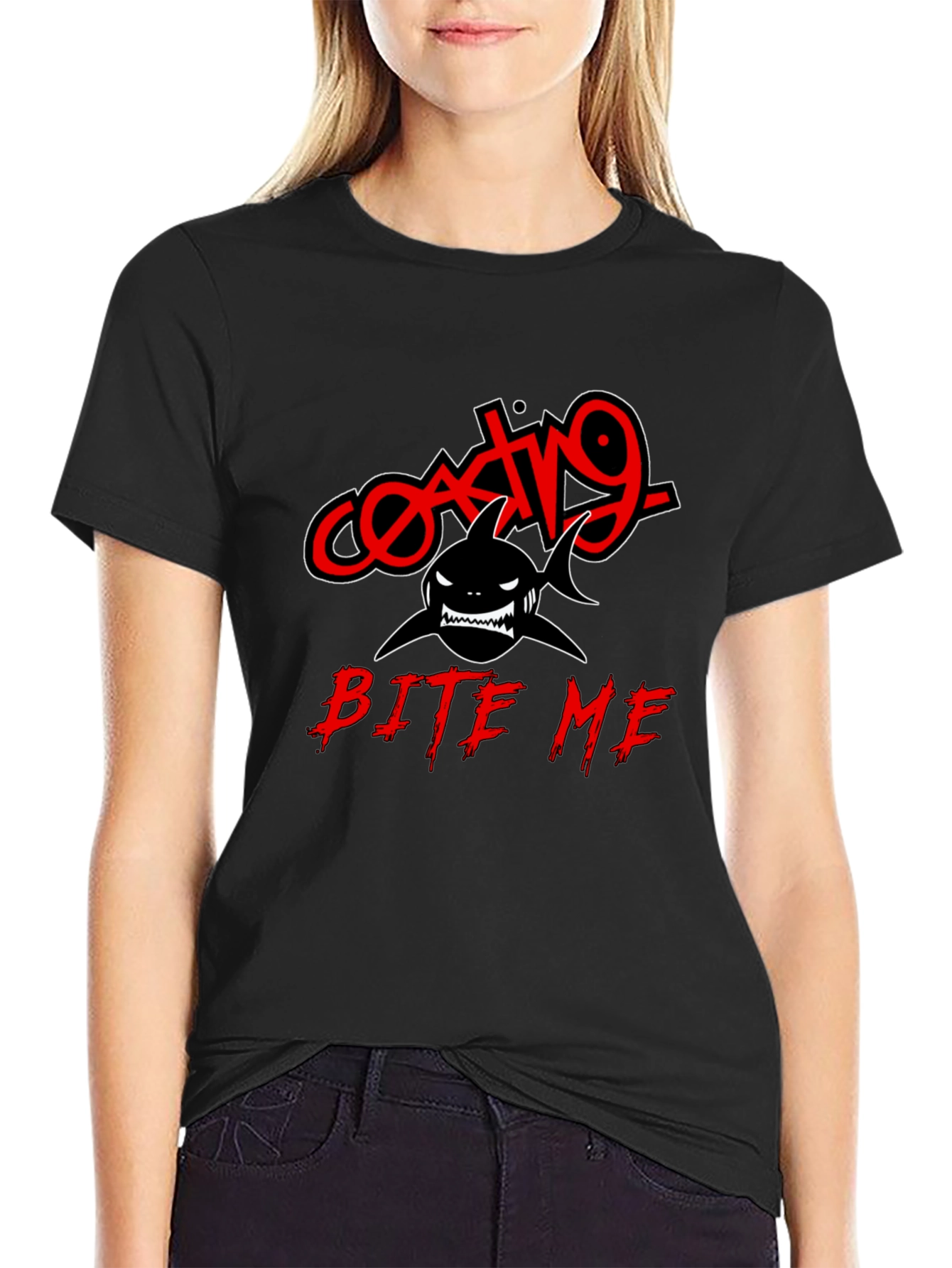 Coating9 Bite Me Shark T-Shirt - Black Graphic Tee