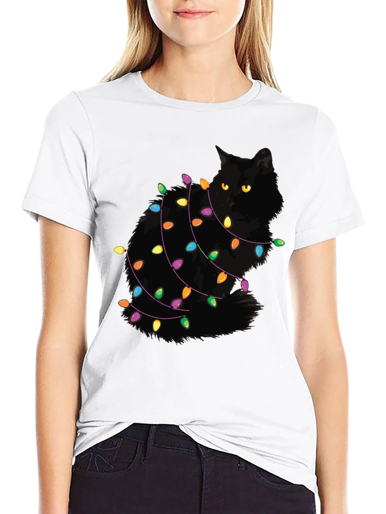 Festive Cat Christmas Lights Graphic Tee