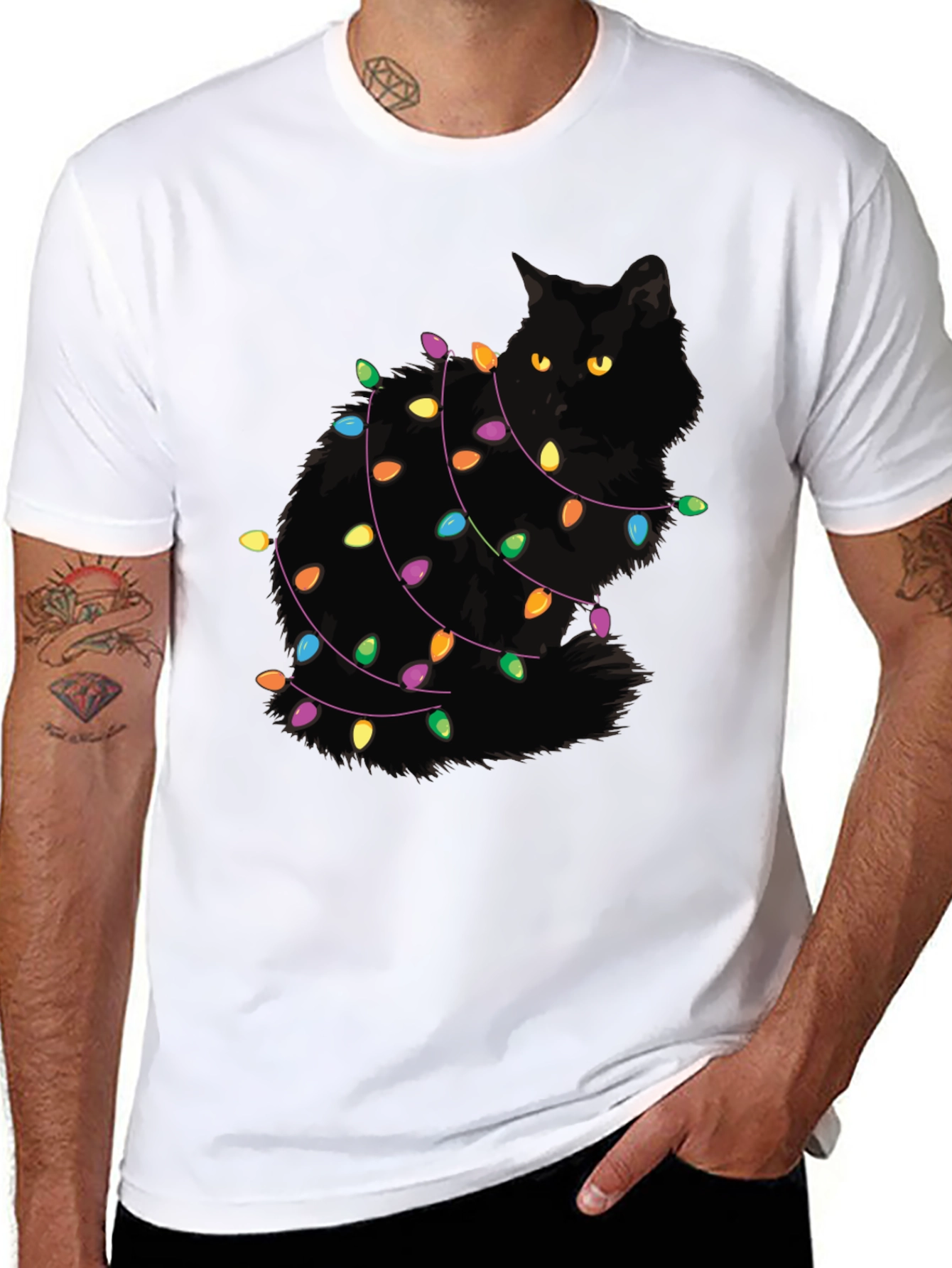 Festive Cat Christmas Lights Graphic Tee