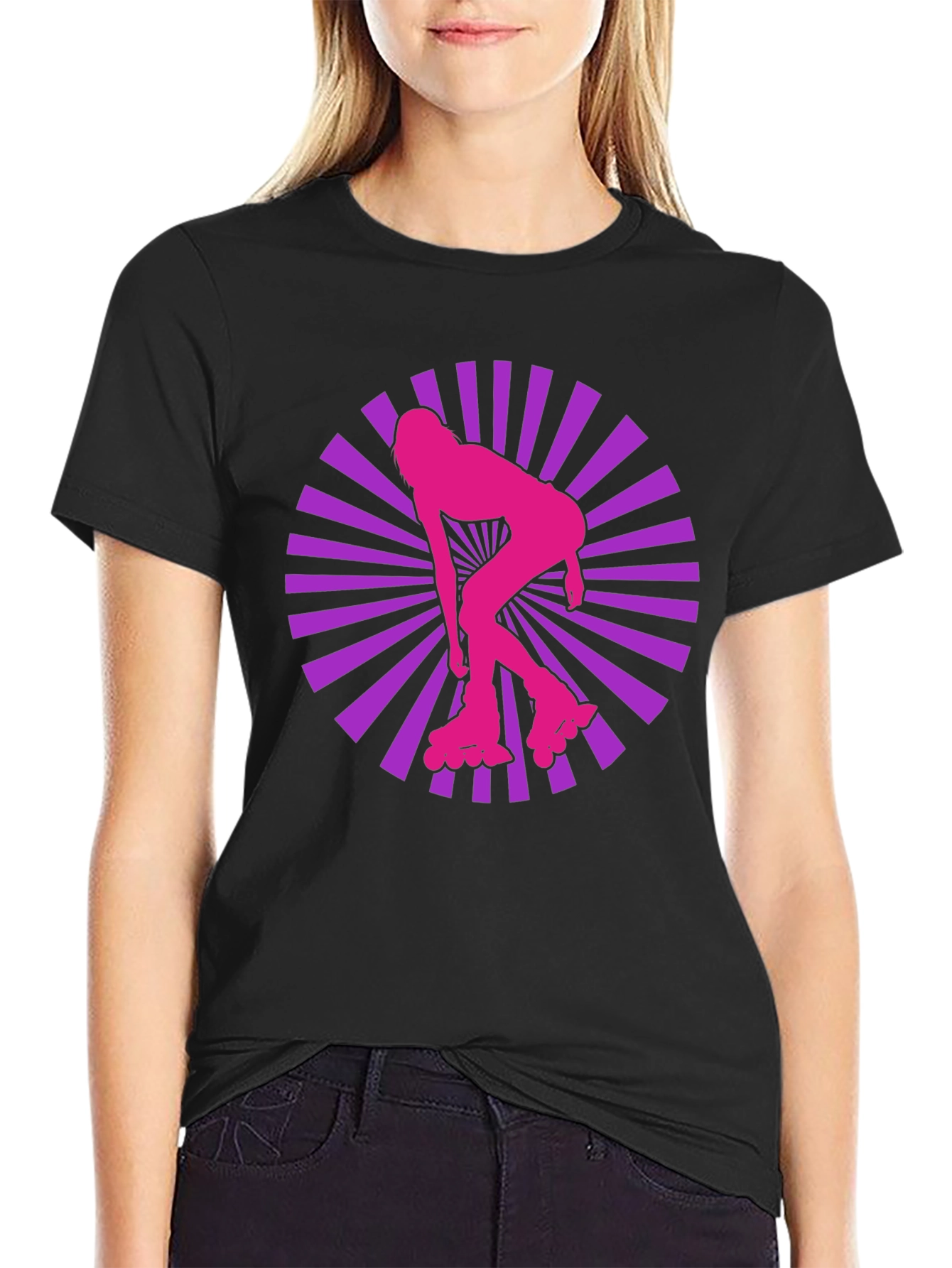 Retro Roller Girl T-Shirt - Black Cotton Blend