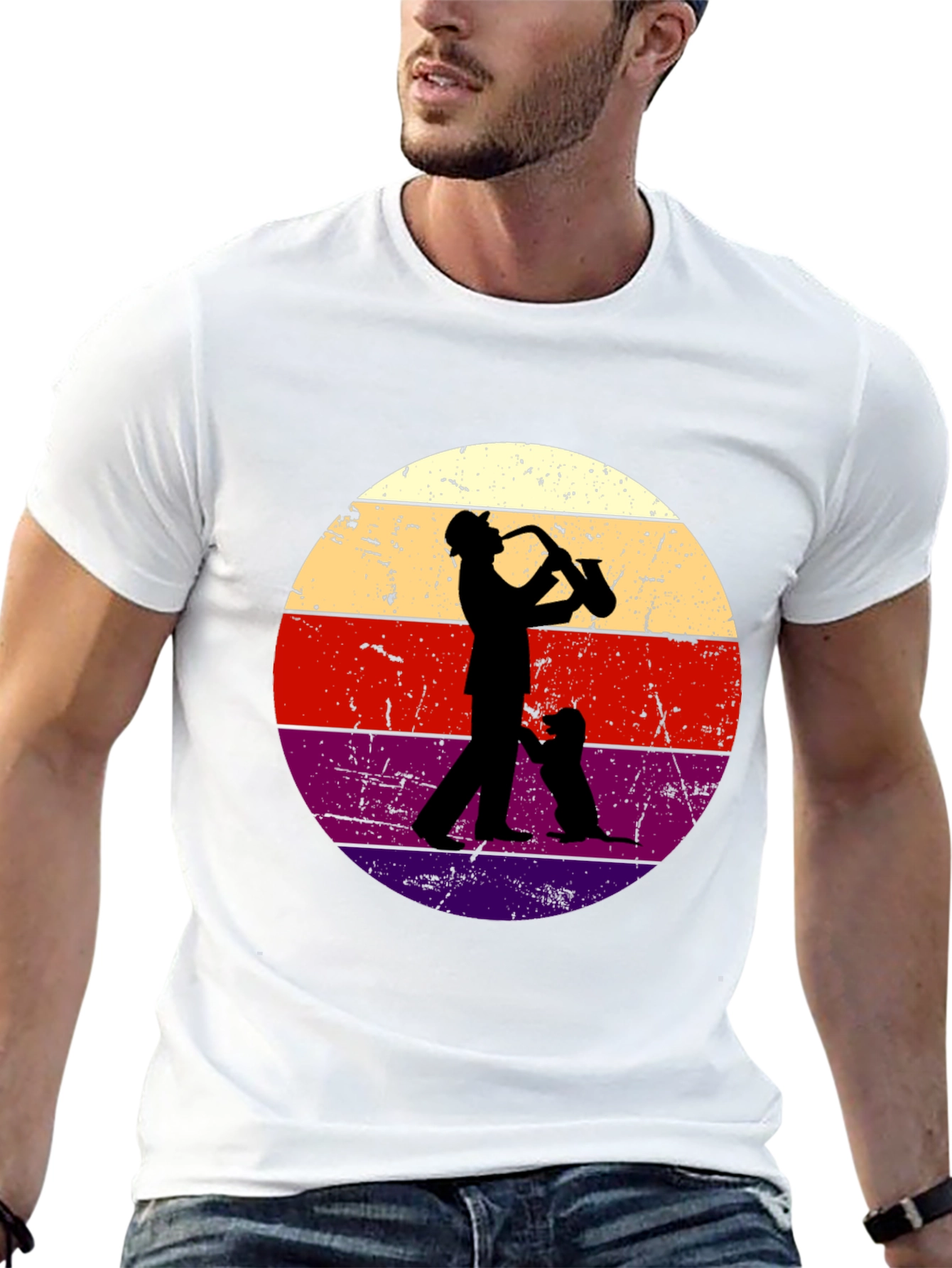 Saxophone Player & Dog Retro Graphic Tee