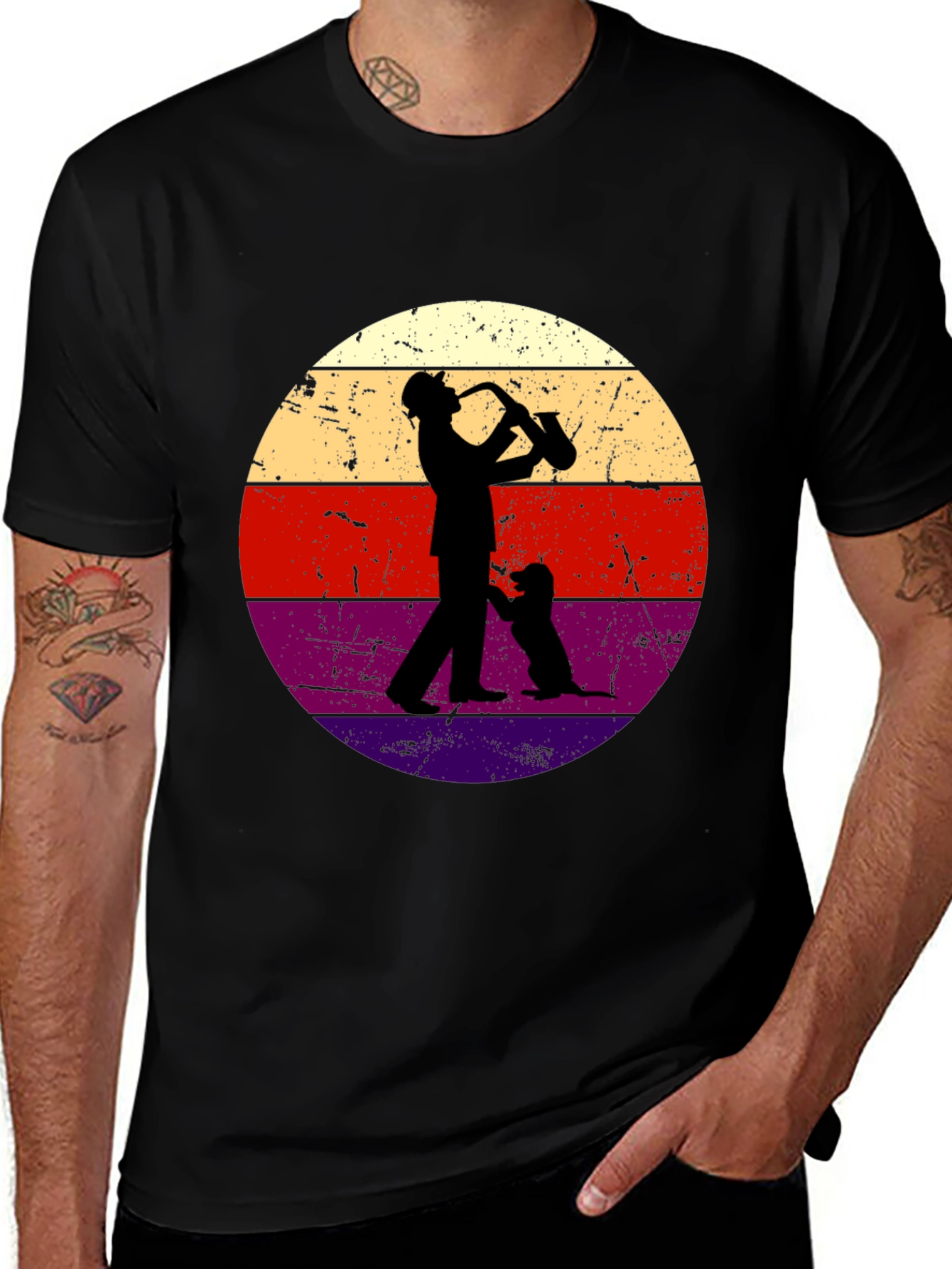 Saxophone Player & Dog Retro Graphic Tee