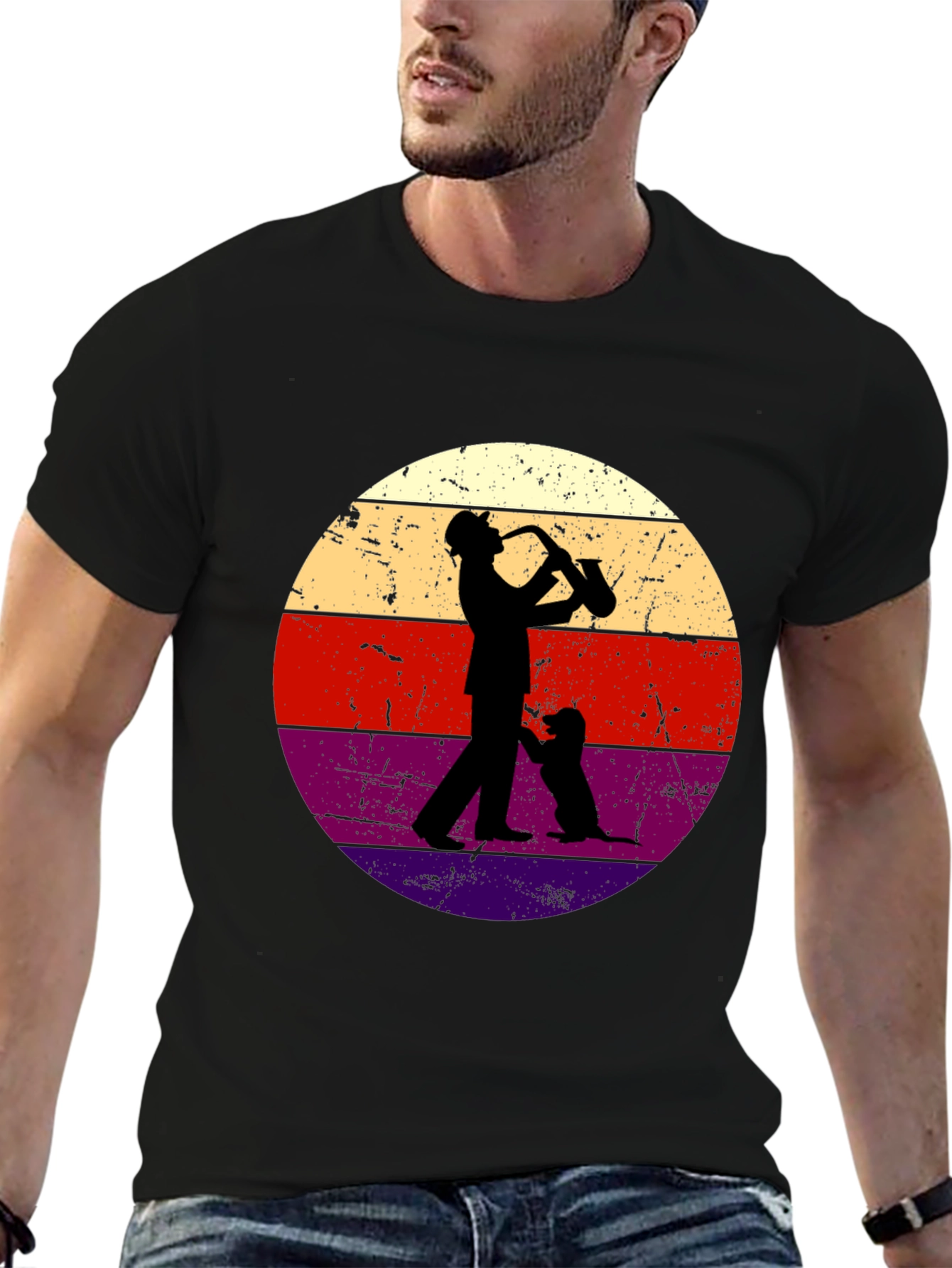 Saxophone Player & Dog Retro Graphic Tee