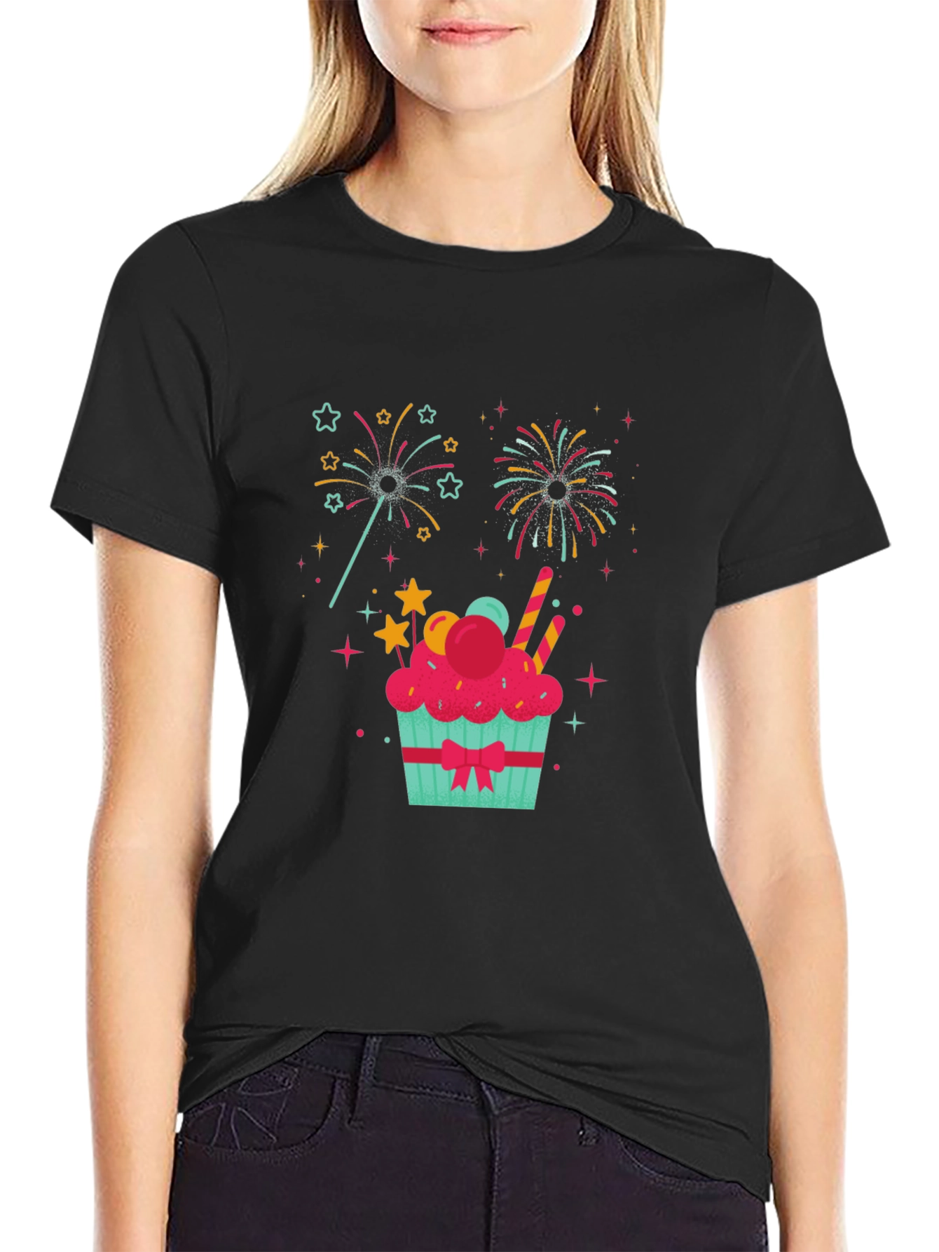 Festive Cupcake Fireworks Graphic Tee - Black