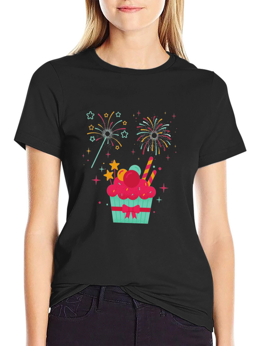Festive Cupcake Fireworks Graphic Tee - Black
