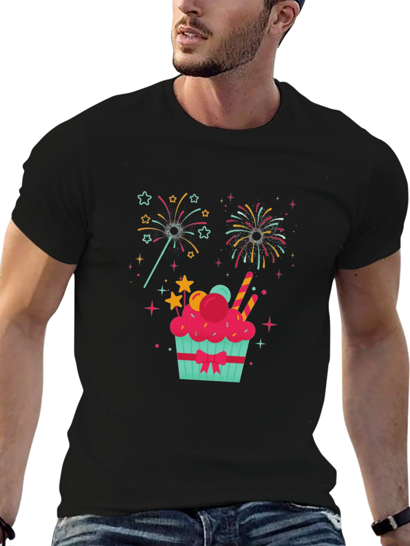 Festive Cupcake Fireworks Graphic Tee - Black