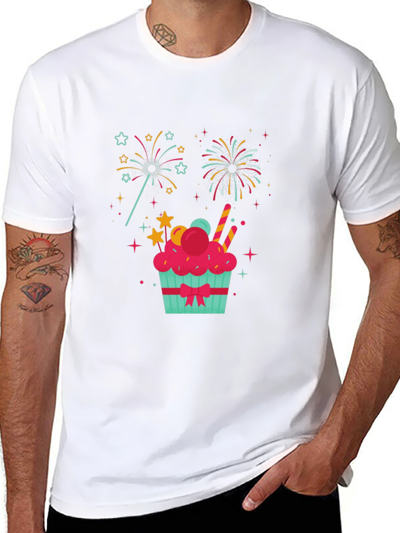Festive Cupcake Fireworks Graphic Tee - Black
