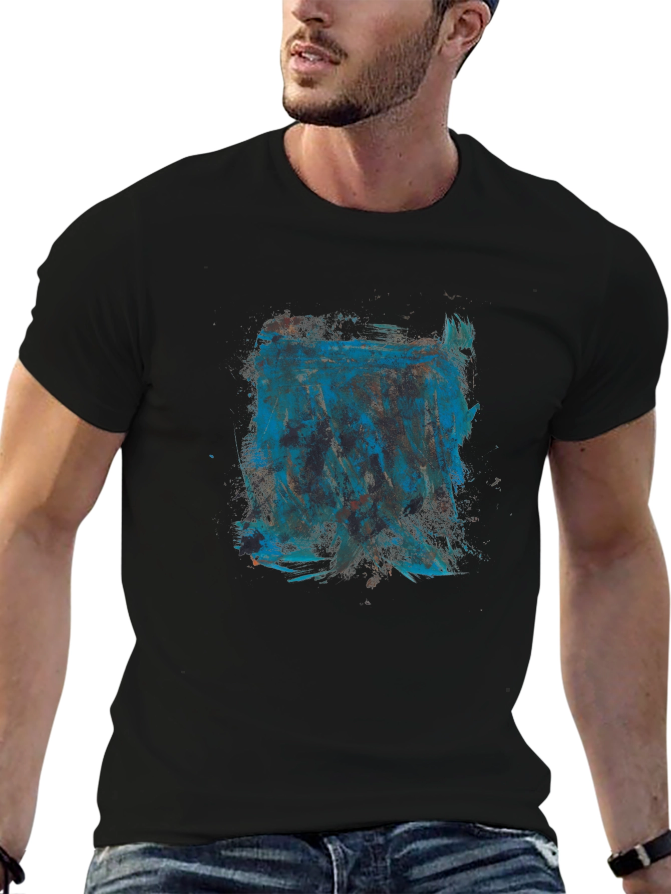 Abstract Blue Graphic Print Black T-Shirt