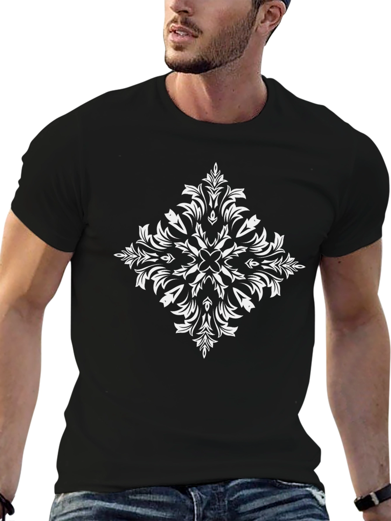 Black T-Shirt with White Ornamental Print