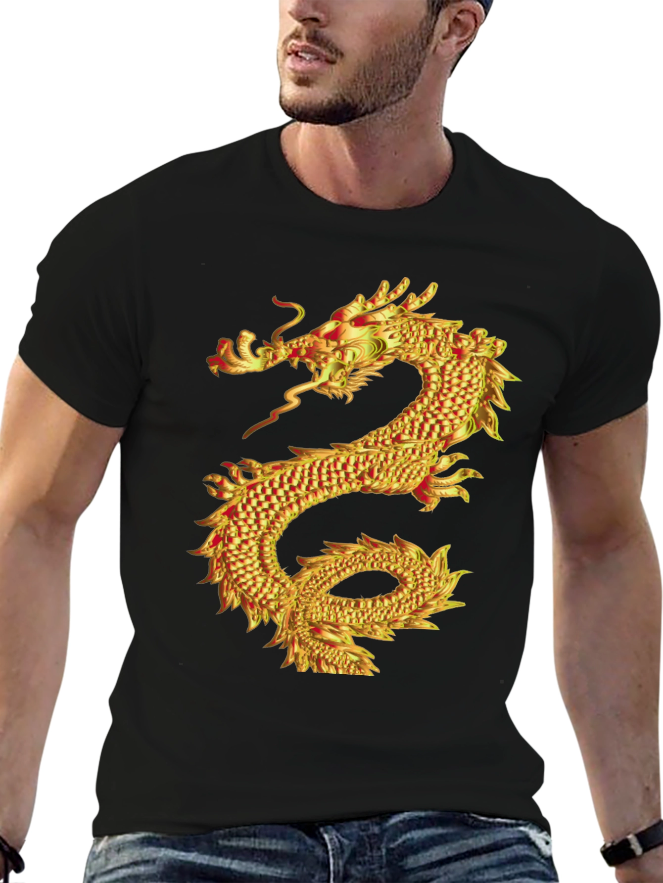 Golden Dragon Graphic Print Black T-Shirt