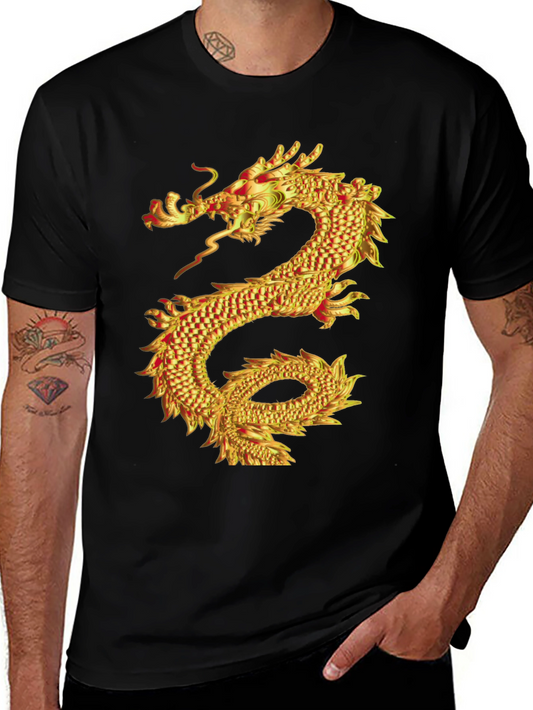 Golden Dragon Graphic Print Black T-Shirt