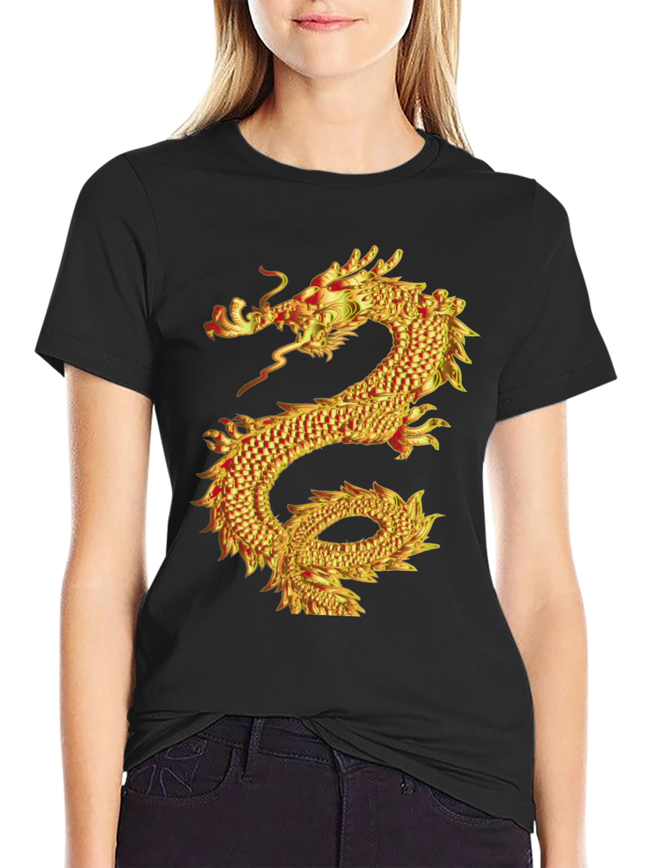Golden Dragon Graphic Print Black T-Shirt
