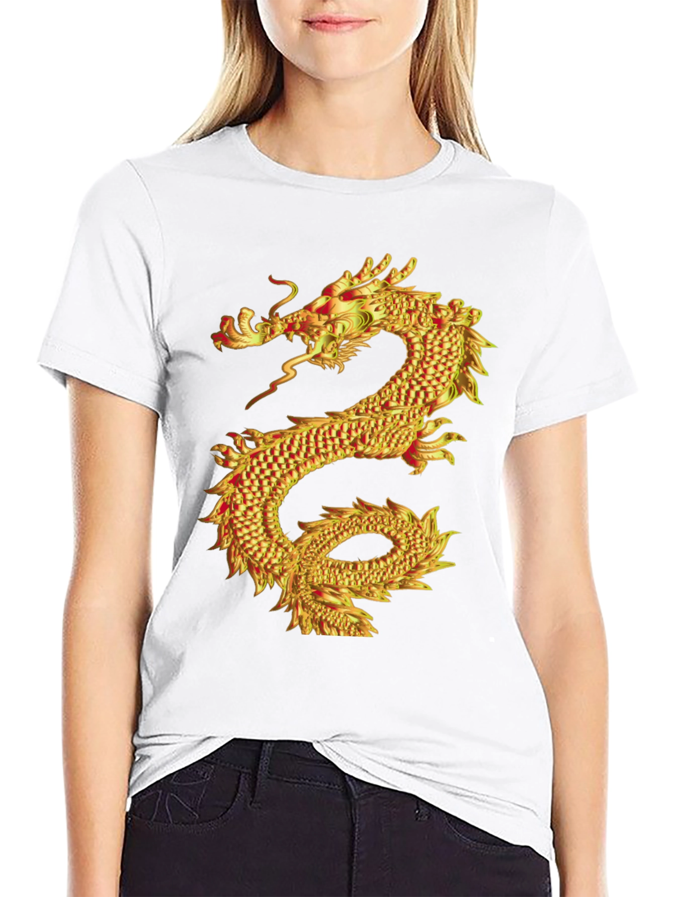 Golden Dragon Graphic Print Black T-Shirt