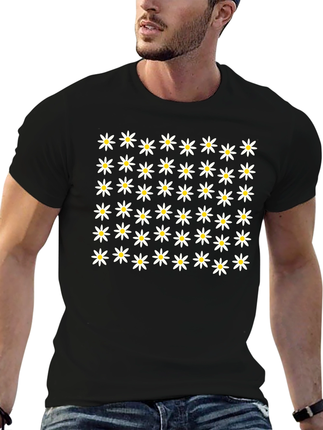 Daisy Flower Pattern Black T-Shirt