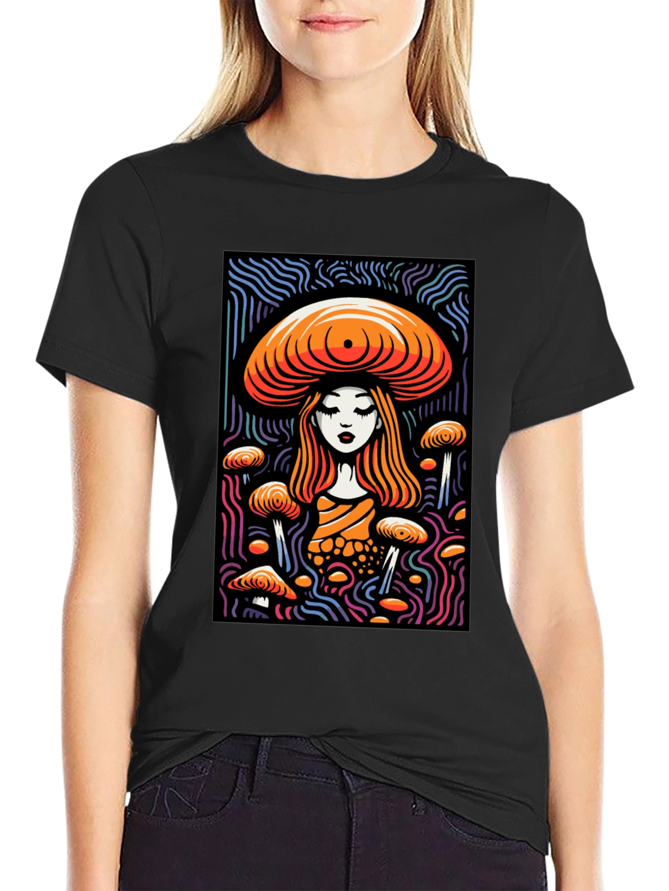 Mushroom Maiden Graphic Tee - Black Cotton Blend