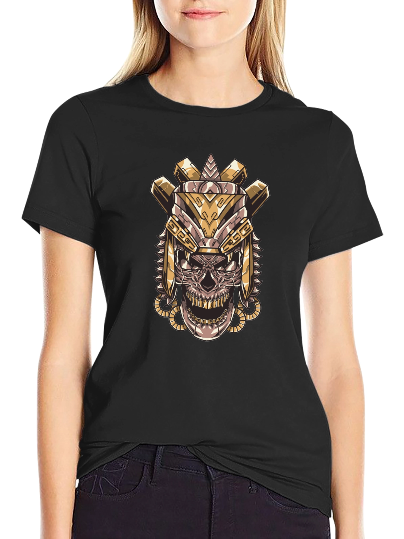 Aztec Skull Graphic Tee - Black Cotton T-Shirt