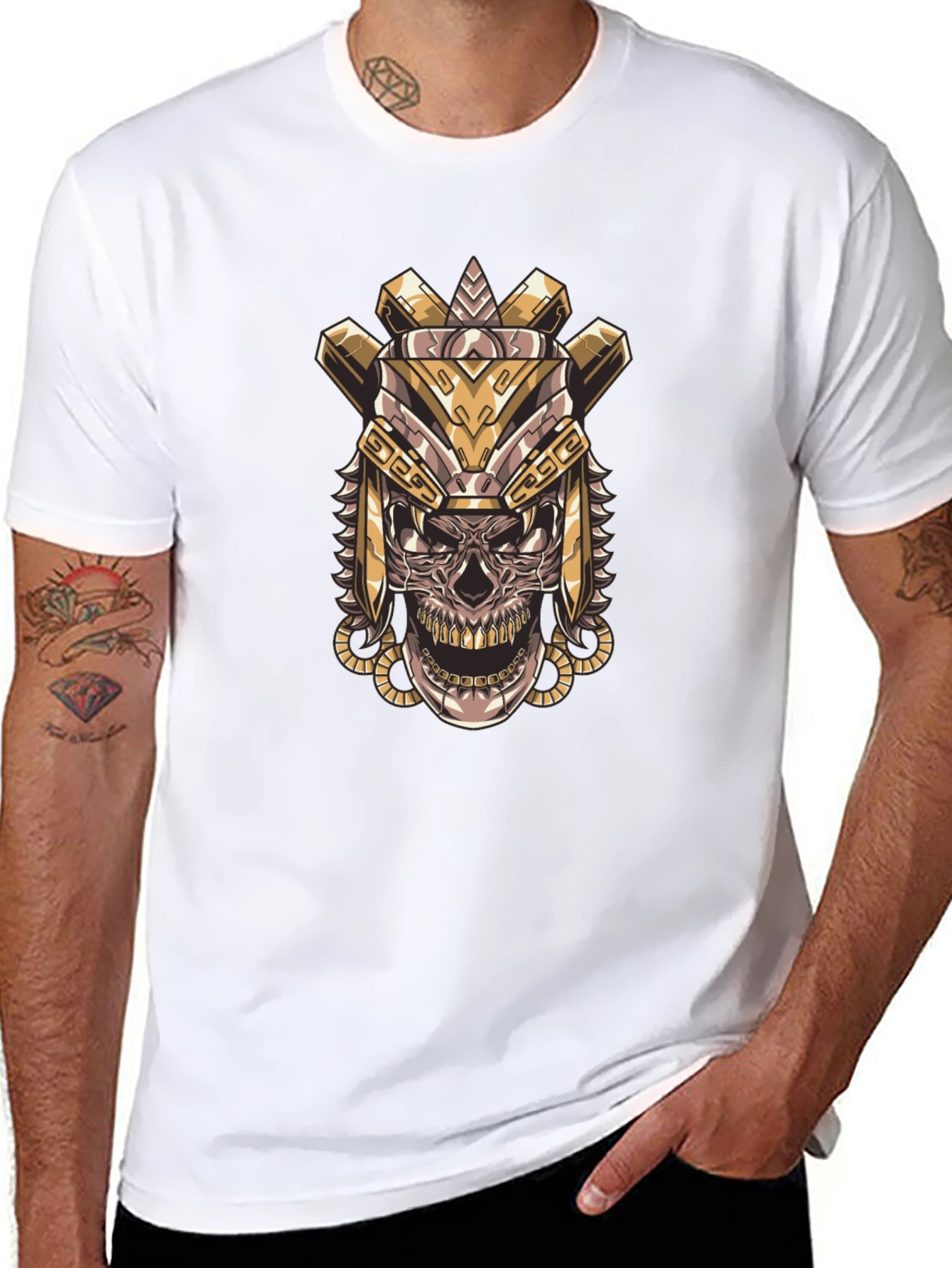Aztec Skull Graphic Tee - Black Cotton T-Shirt