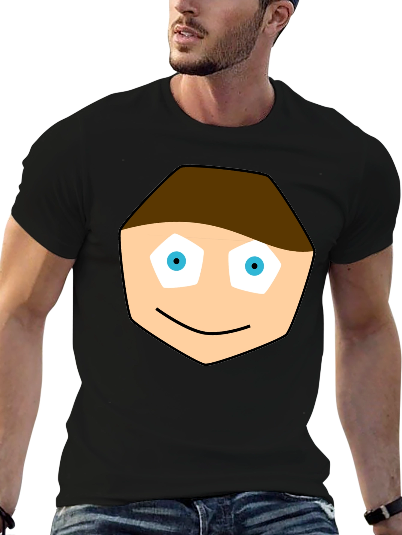 Cartoon Face Graphic Tee - Black Cotton T-Shirt