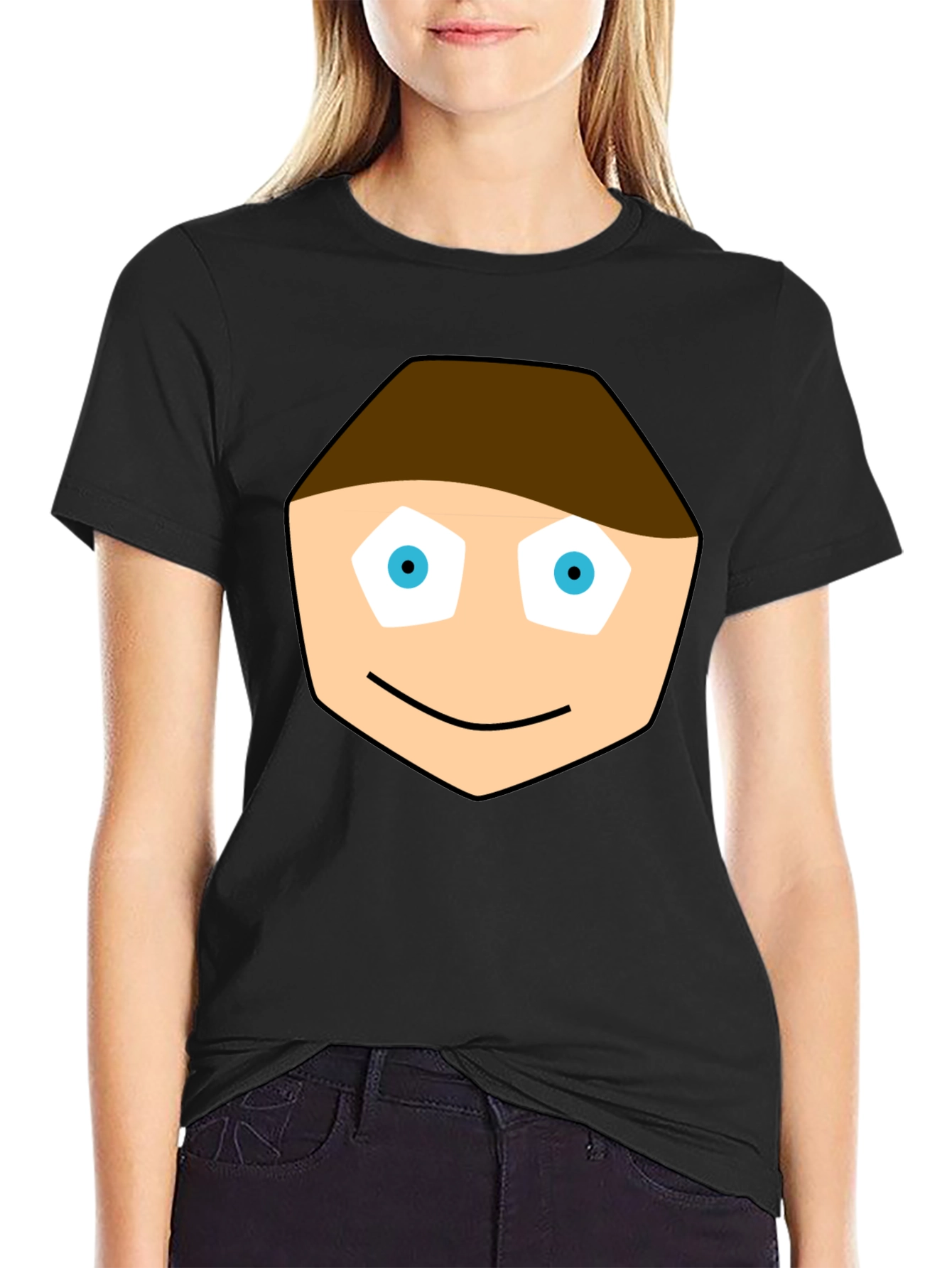 Cartoon Face Graphic Tee - Black Cotton T-Shirt