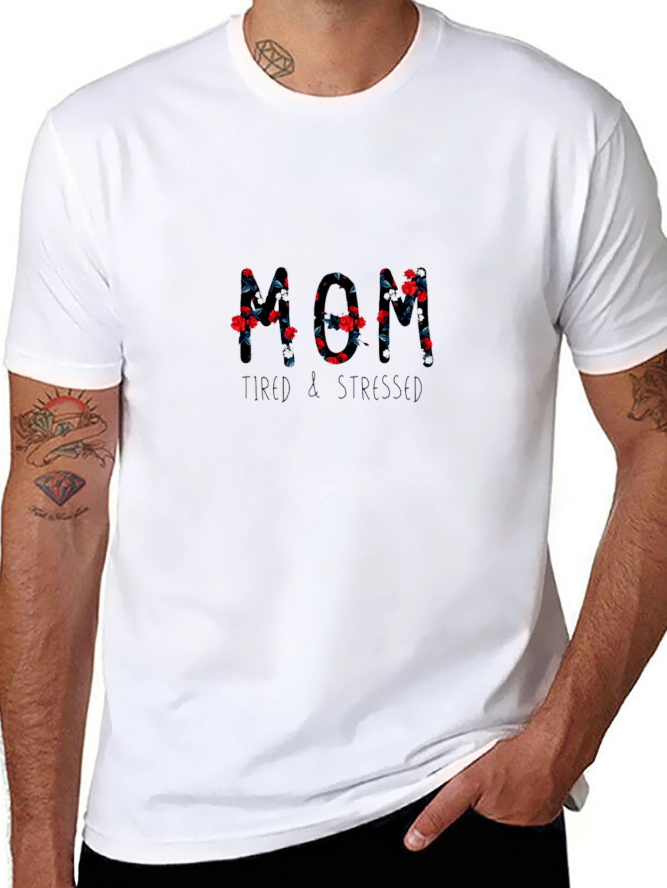 Floral Mom Tired & Stressed Black T-Shirt