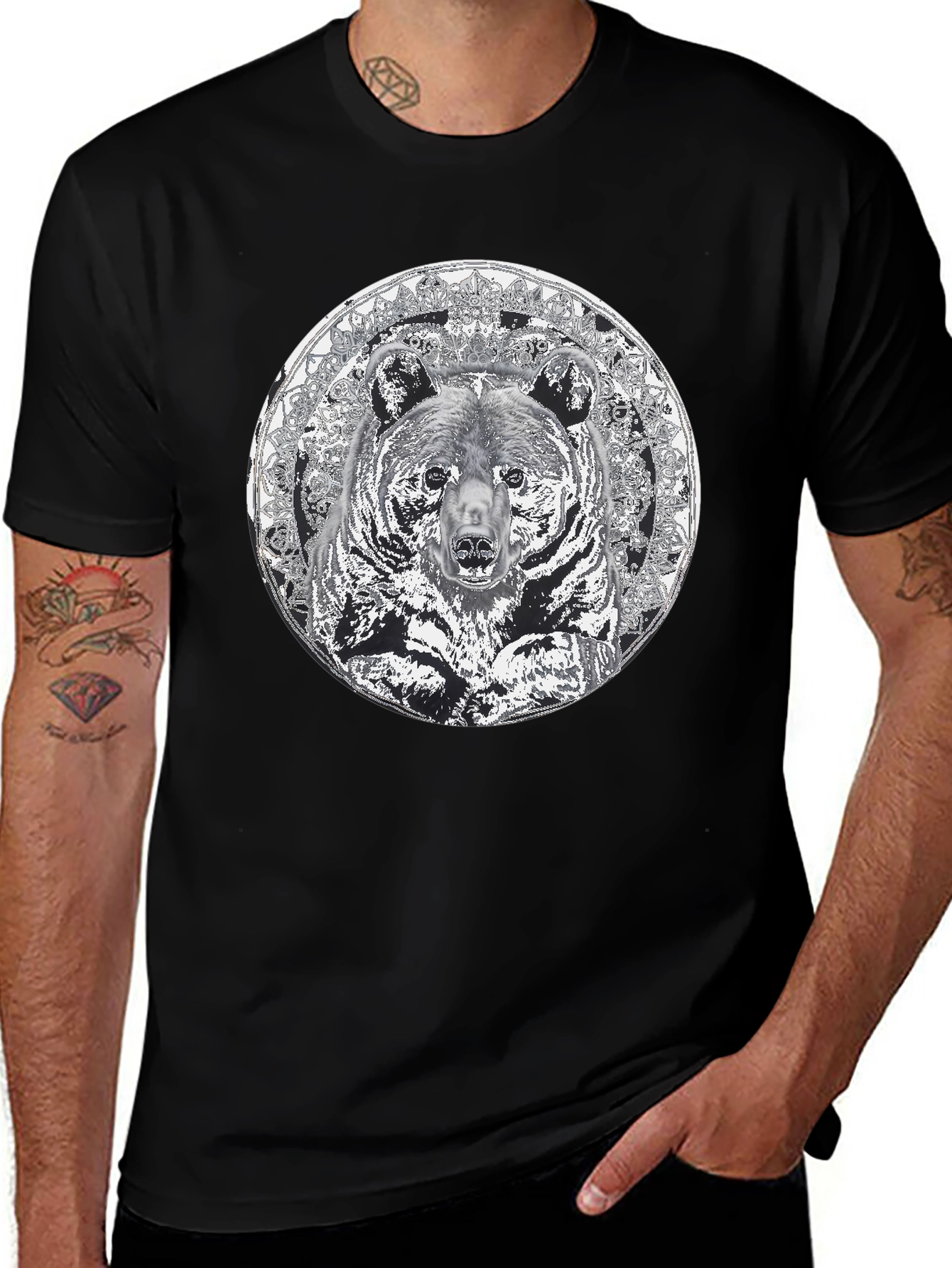 Bear Mandala Graphic Tee - Black Cotton Blend Shirt