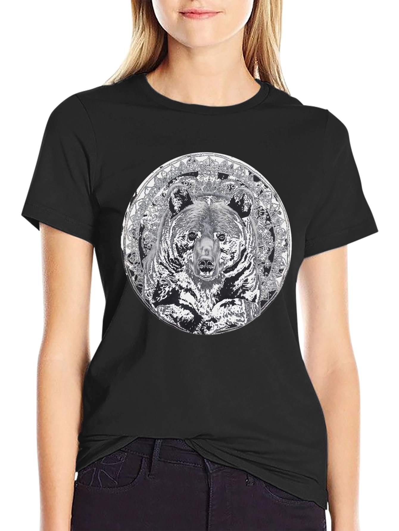 Bear Mandala Graphic Tee - Black Cotton Blend Shirt