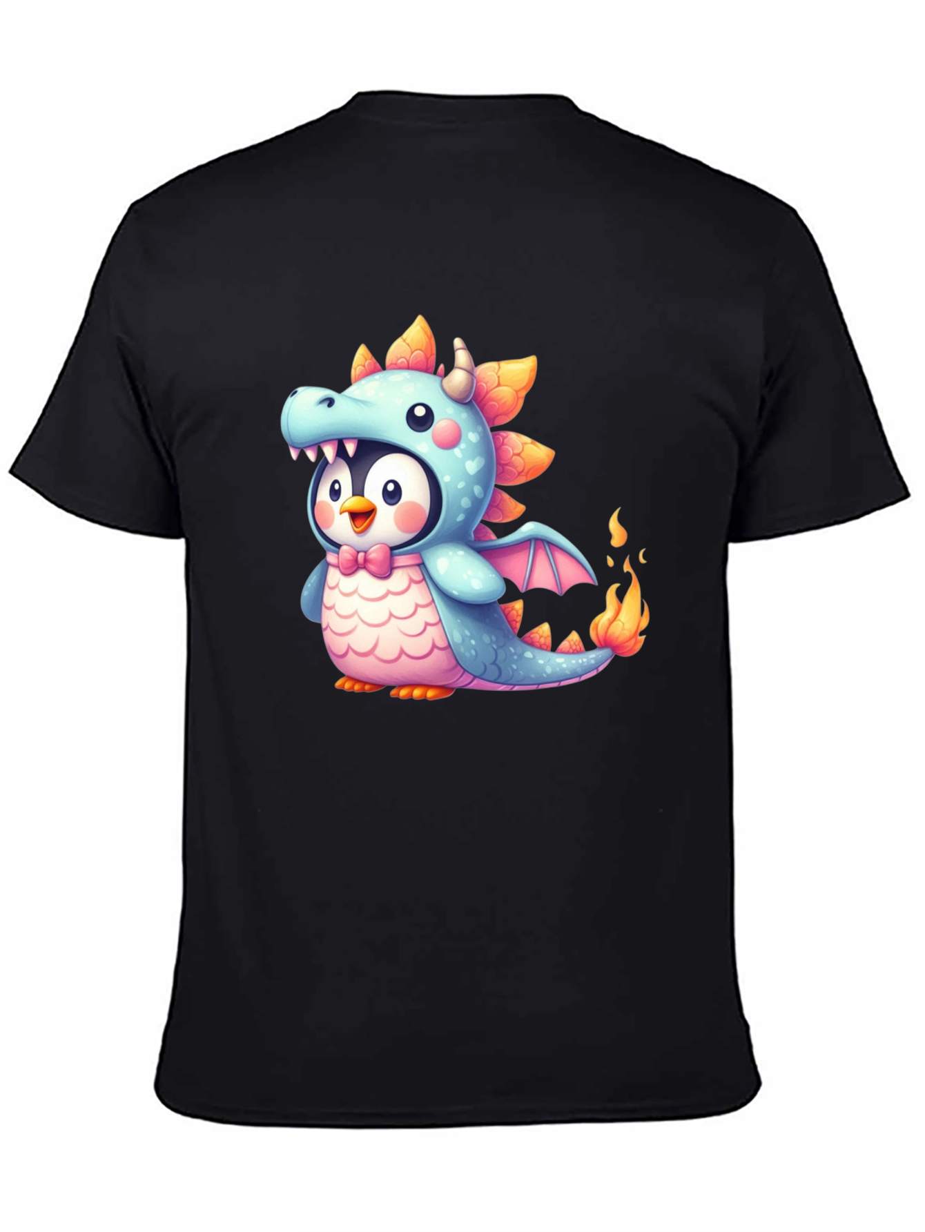 Cute Penguin Dragon Graphic Black T-Shirt