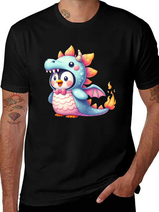 Cute Penguin Dragon Graphic Black T-Shirt
