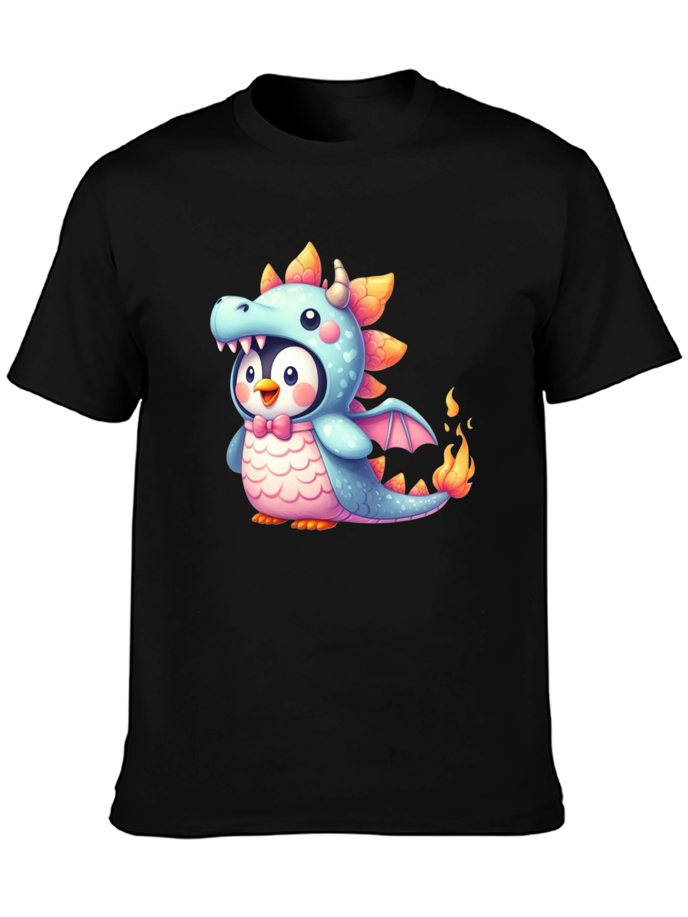 Cute Penguin Dragon Graphic Black T-Shirt